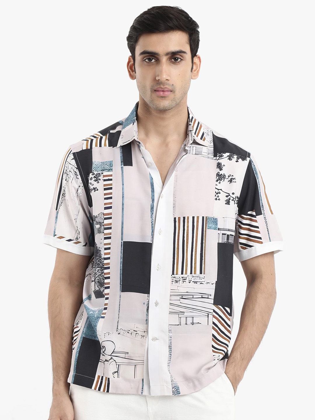 

RARE RABBIT Men Bellatrix Opaque Printed Shirt, White