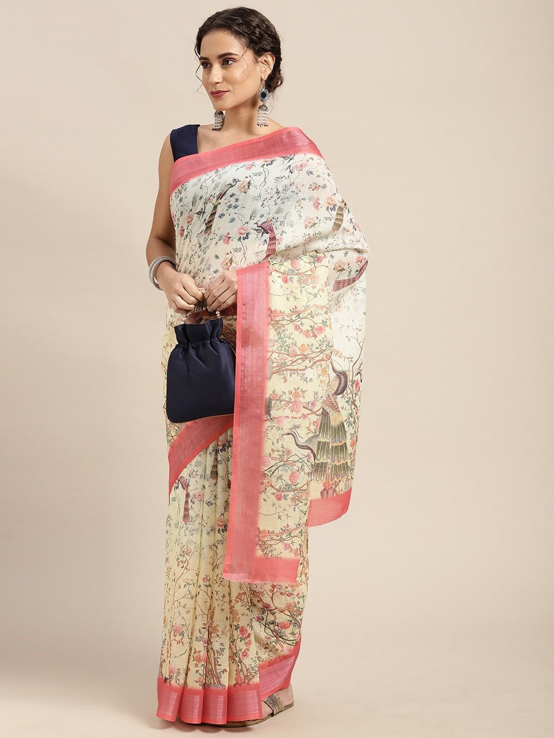 

Panzora Ethnic Motifs Pure Linen Saree, Yellow