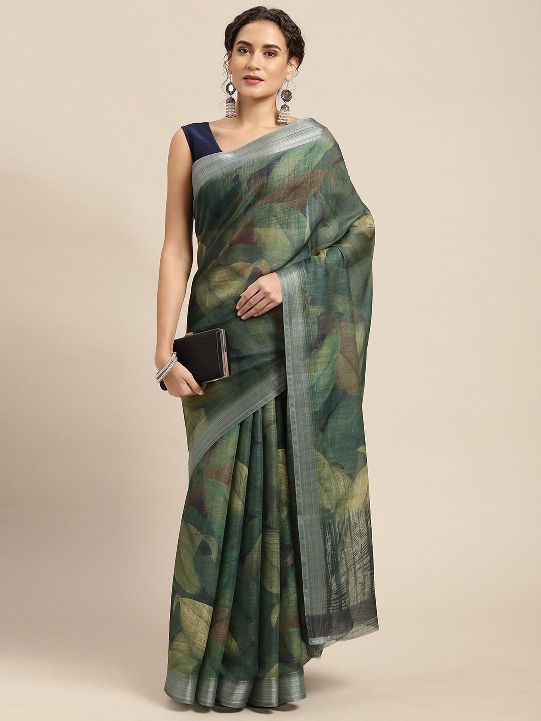 Panzora Floral Zari Pure Linen Saree, Green