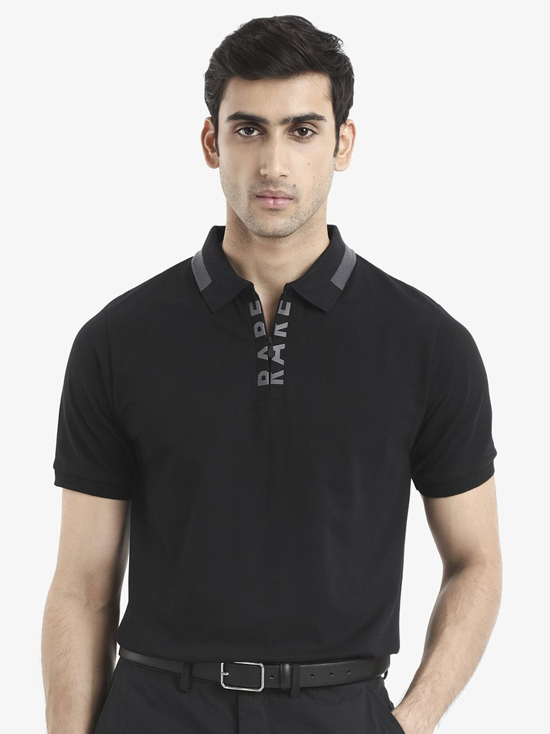 

RARE RABBIT Men Rique Solid Polo Collar Typography T-Shirt, Black