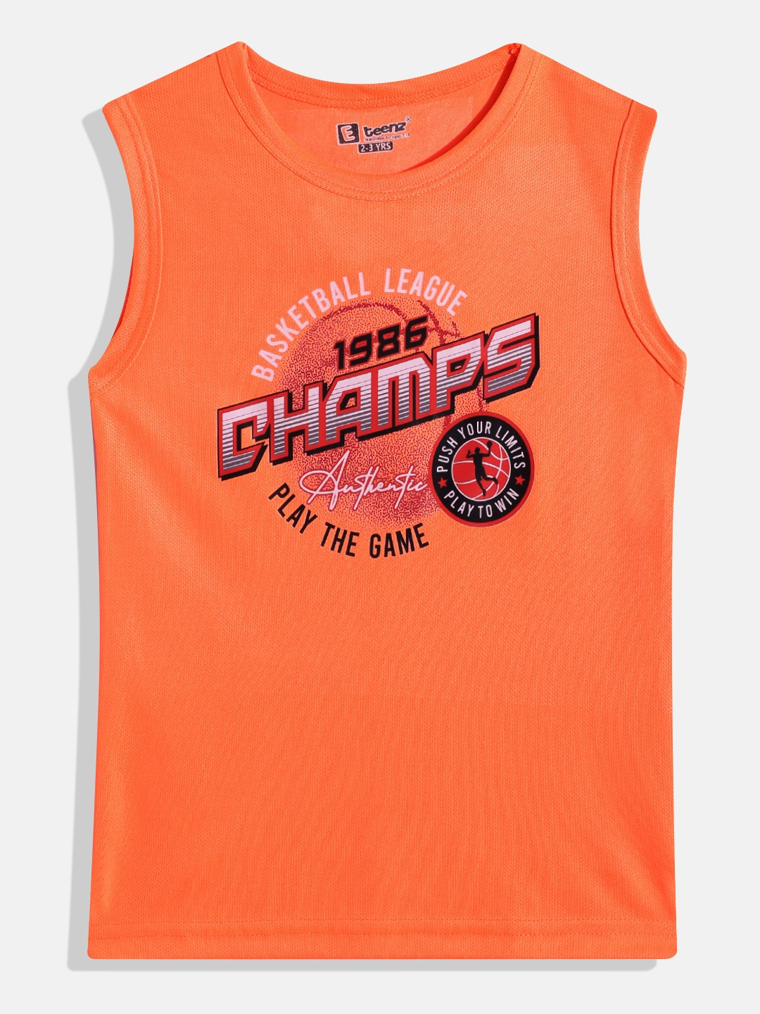 

Eteenz Boys Sports Printed Sleeveless T-shirt, Orange