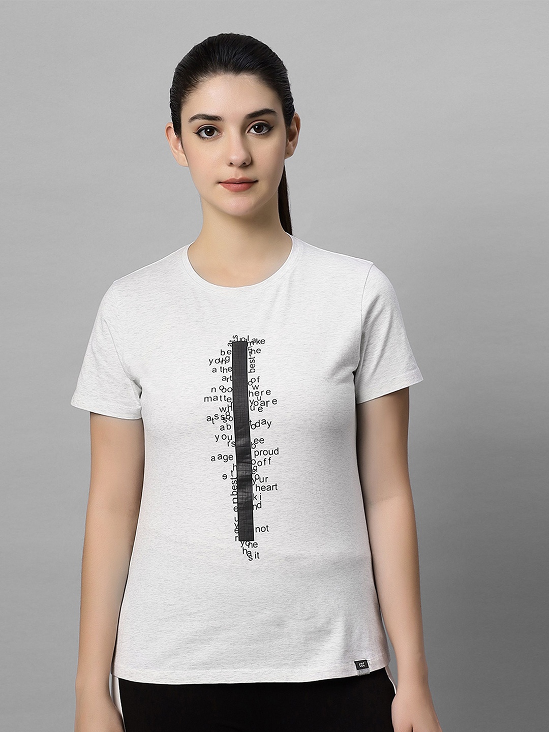 

LAASA SPORTS Women Typography Printed Dri-FIT Applique T-shirt, Cream