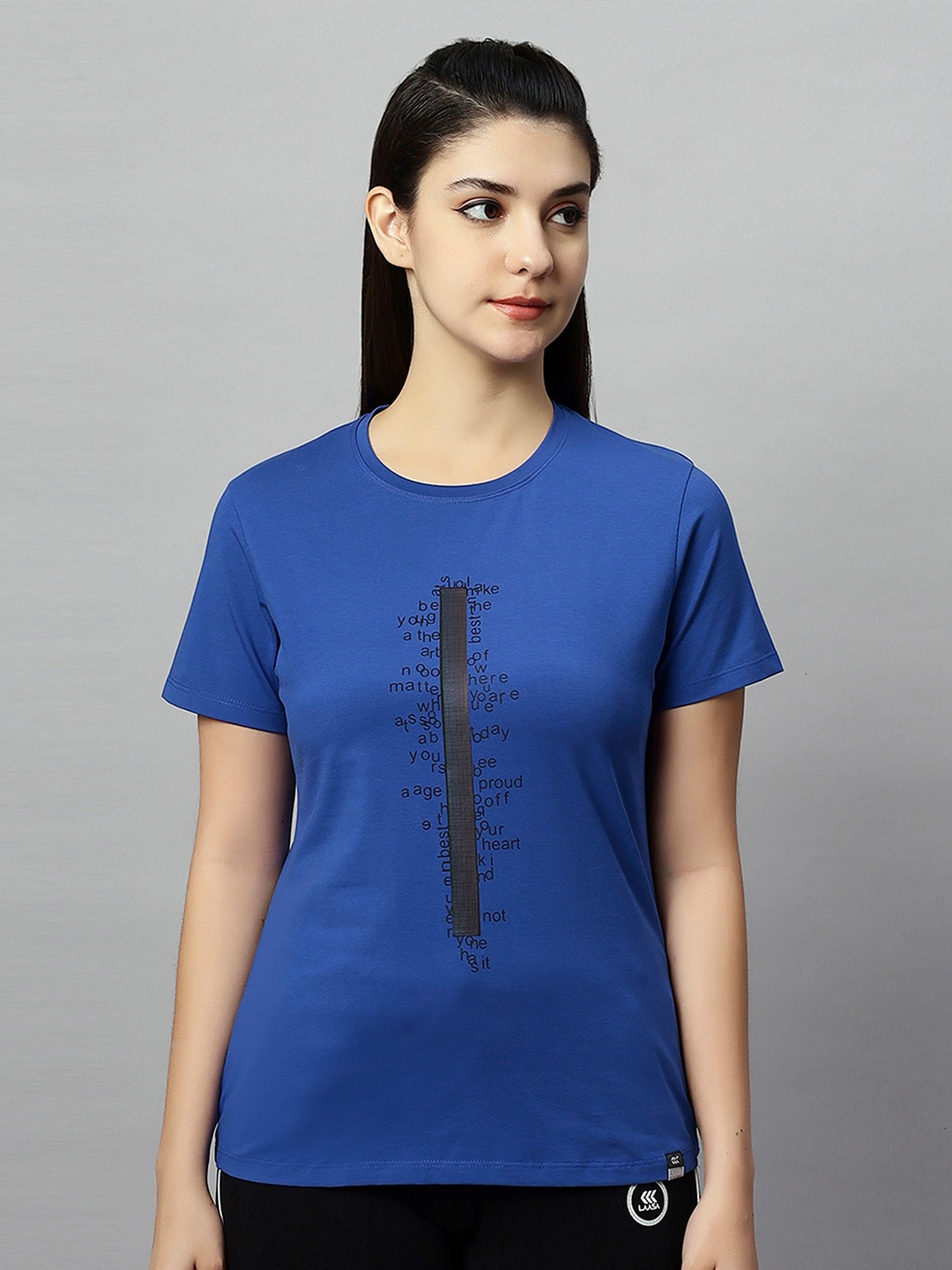 

LAASA SPORTS Women Typography Printed Dri-FIT T-shirt, Blue