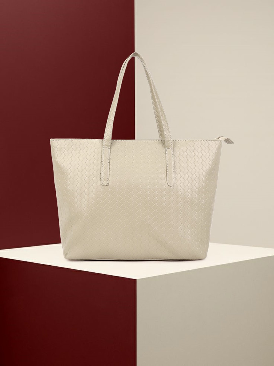 

OsaiZ Colourblocked PU Structured Tote Bag with Bow Detail, Beige