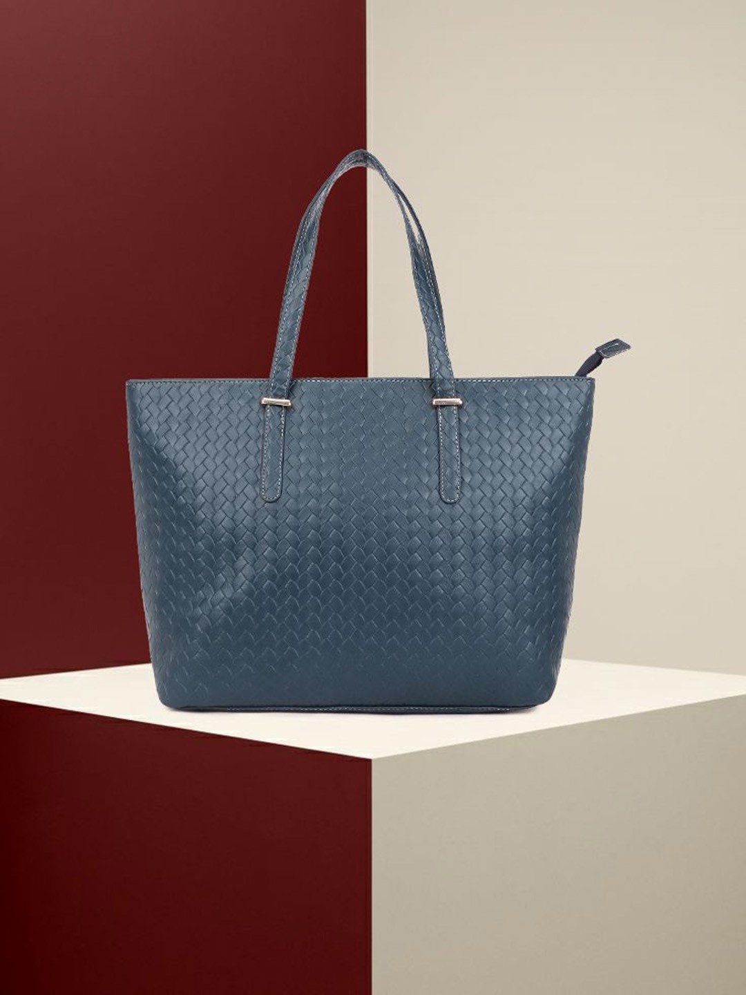 OsaiZ Colourblocked PU Oversized Structured Tote Bag with Quilted, Blue