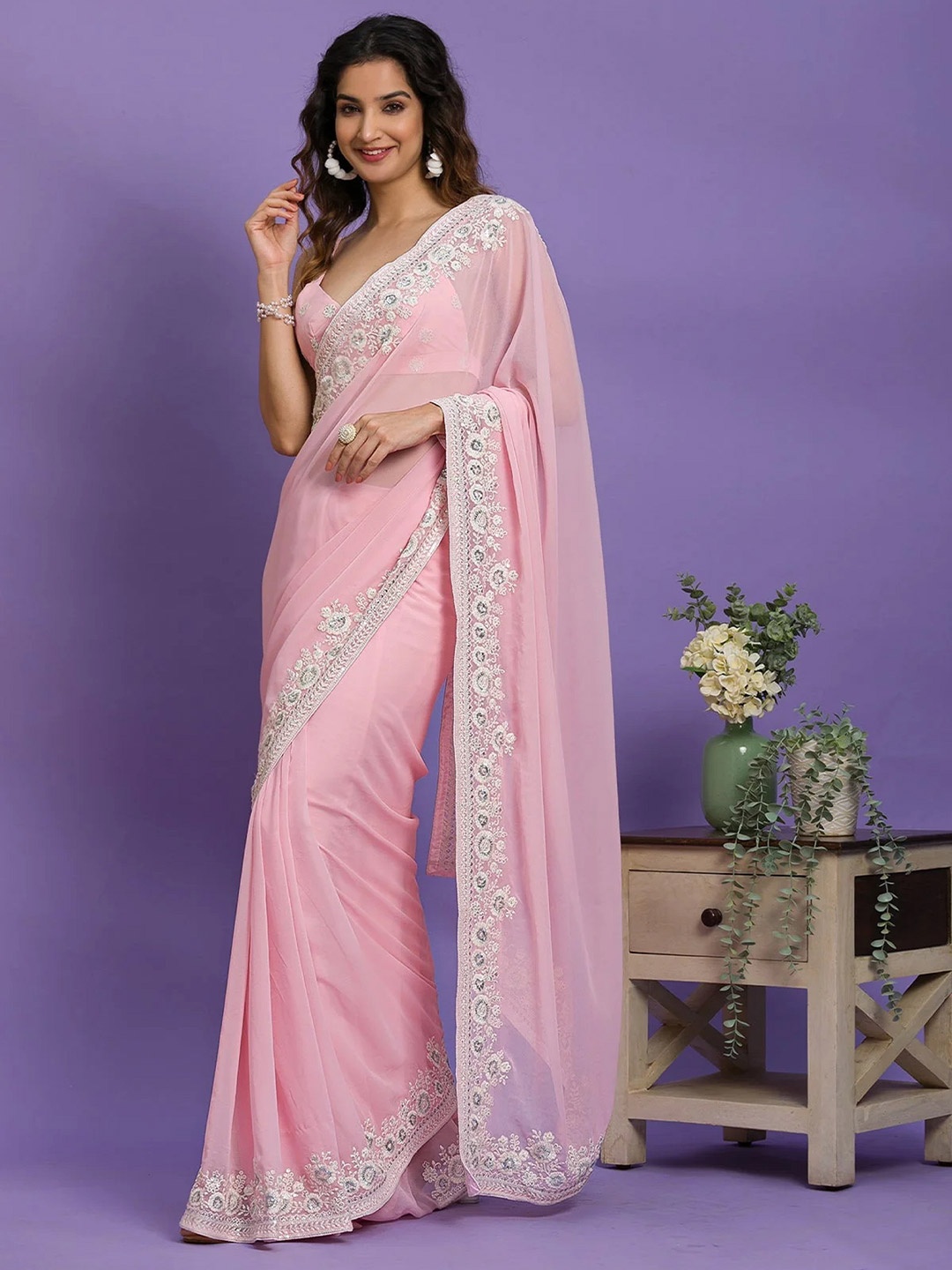 

Trendmalls Embroidered Pure Georgette Saree, Pink