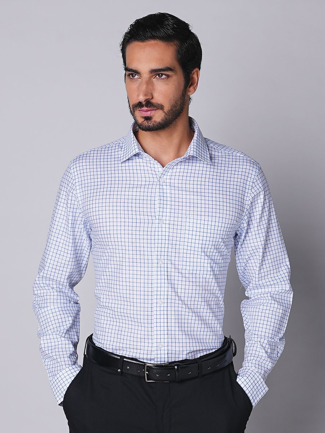 

Oxemberg Men Slim Fit Opaque Checked Formal Shirt, Blue