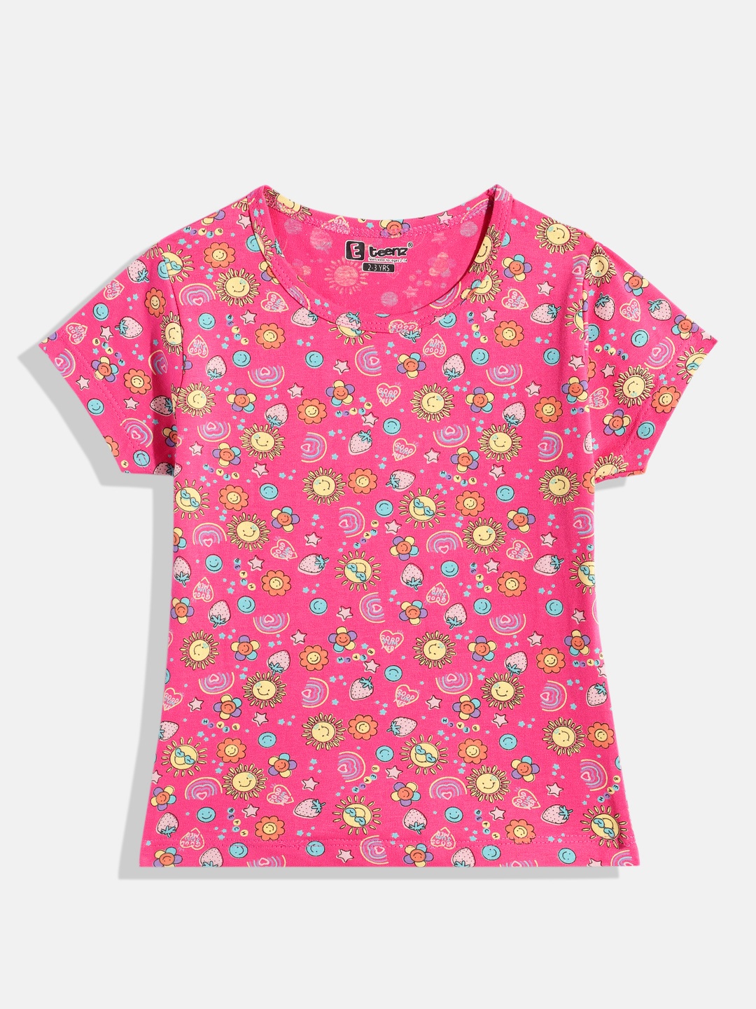 

Eteenz Girls Conversational Printed Pure Cotton A-Line Top, Pink