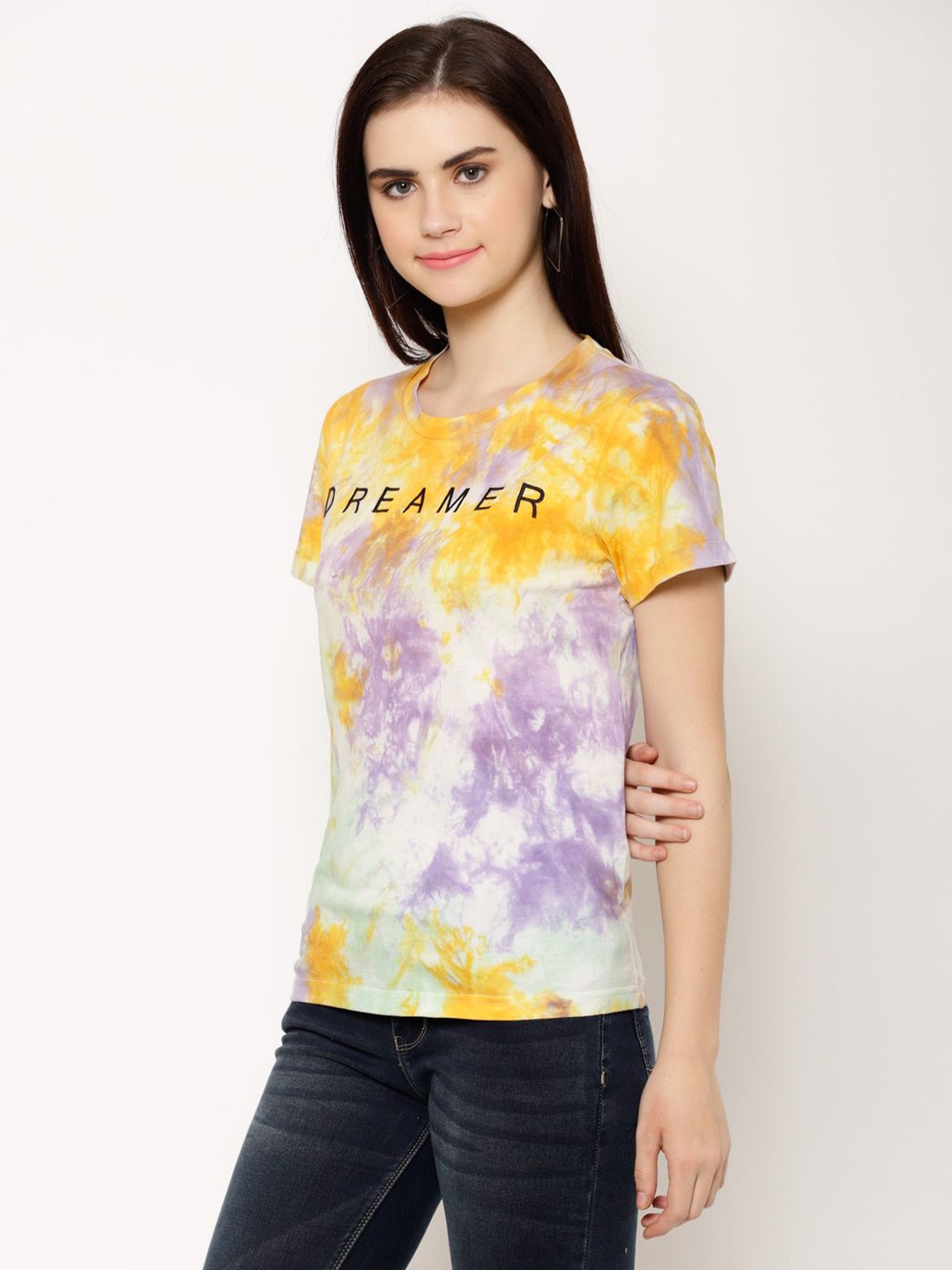

HOUSE OF KKARMA Women Printed Extended Sleeves Raw Edge T-shirt, Mustard