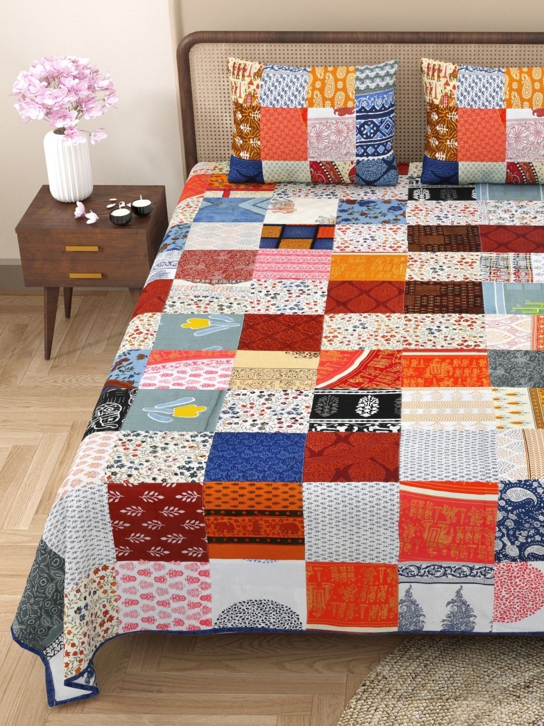 

The Craft Monk Satrangi Patchwork 240 TC Pure Cotton King Bedsheet with 2 Pillow Covers, Multi