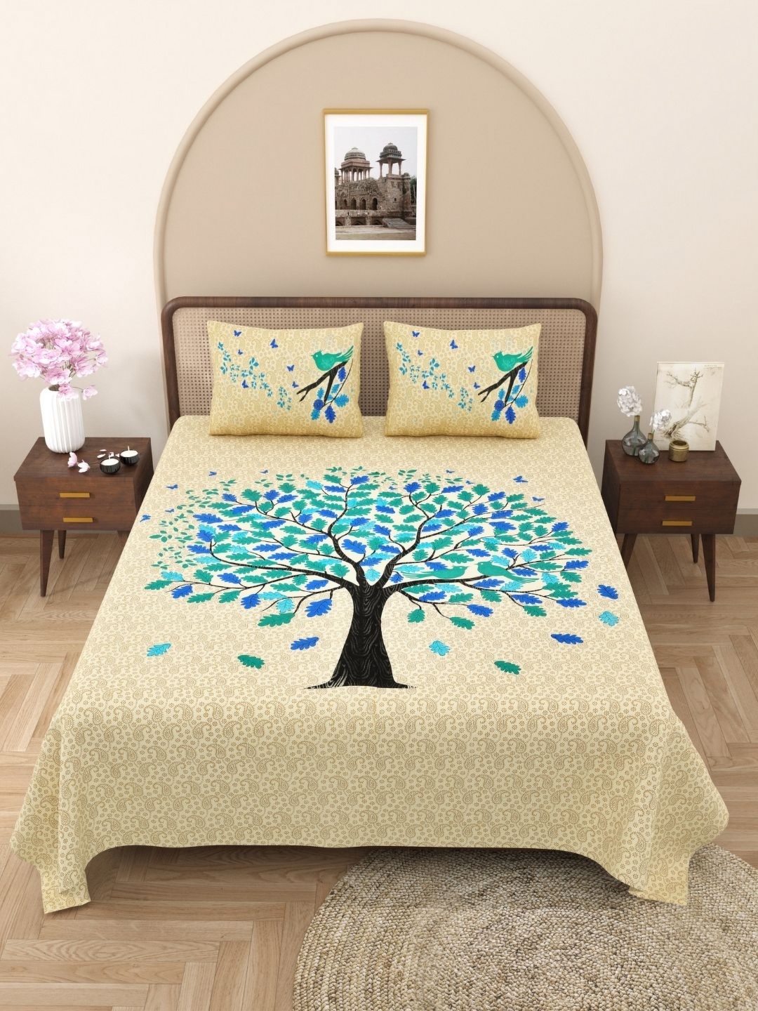 

The Craft Monk Green & Beige King Bedsheet with 2 Pillow Covers