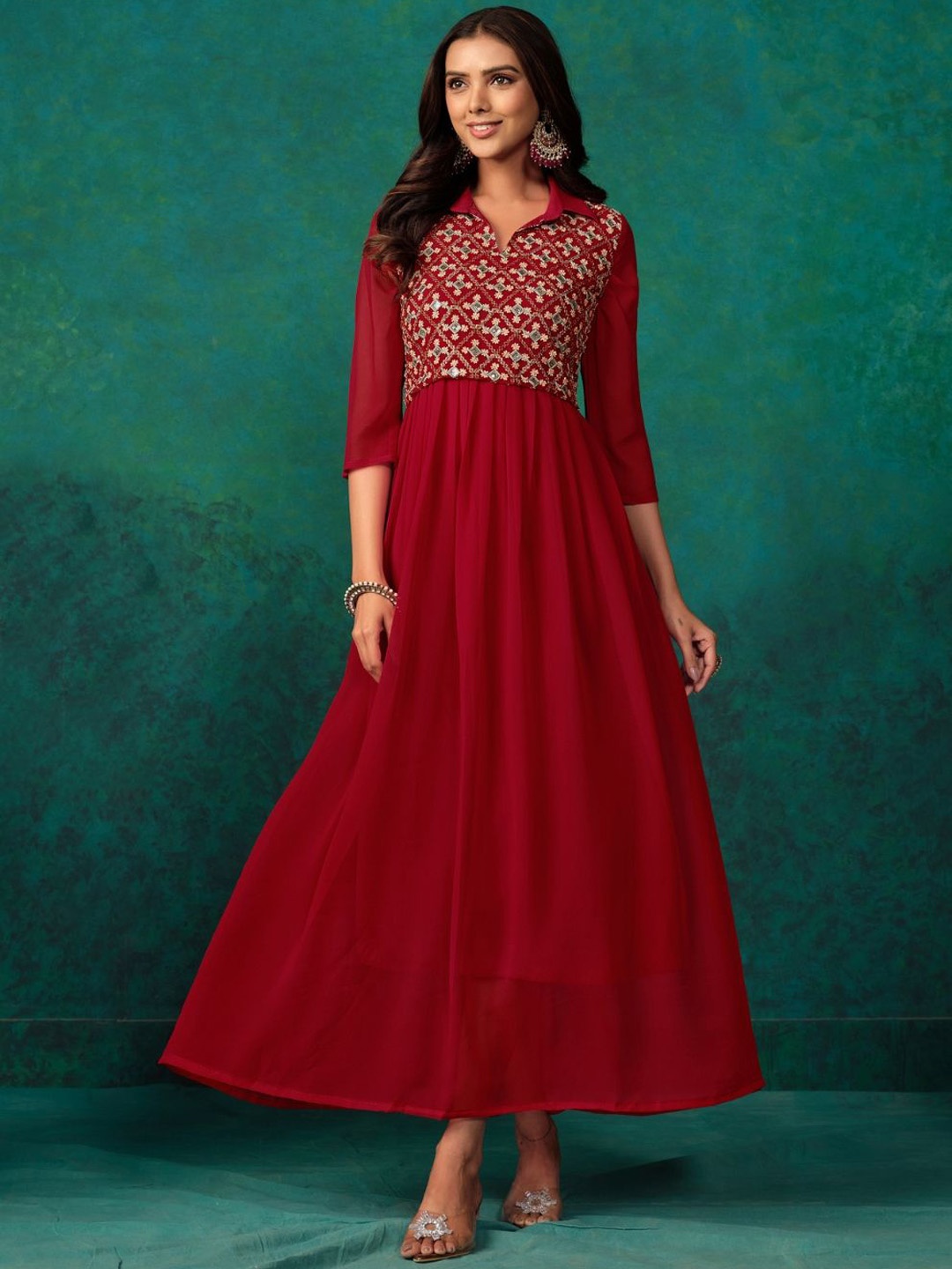 Sangria Women Mirror Work Embroidered Anarkali Kurta, Red