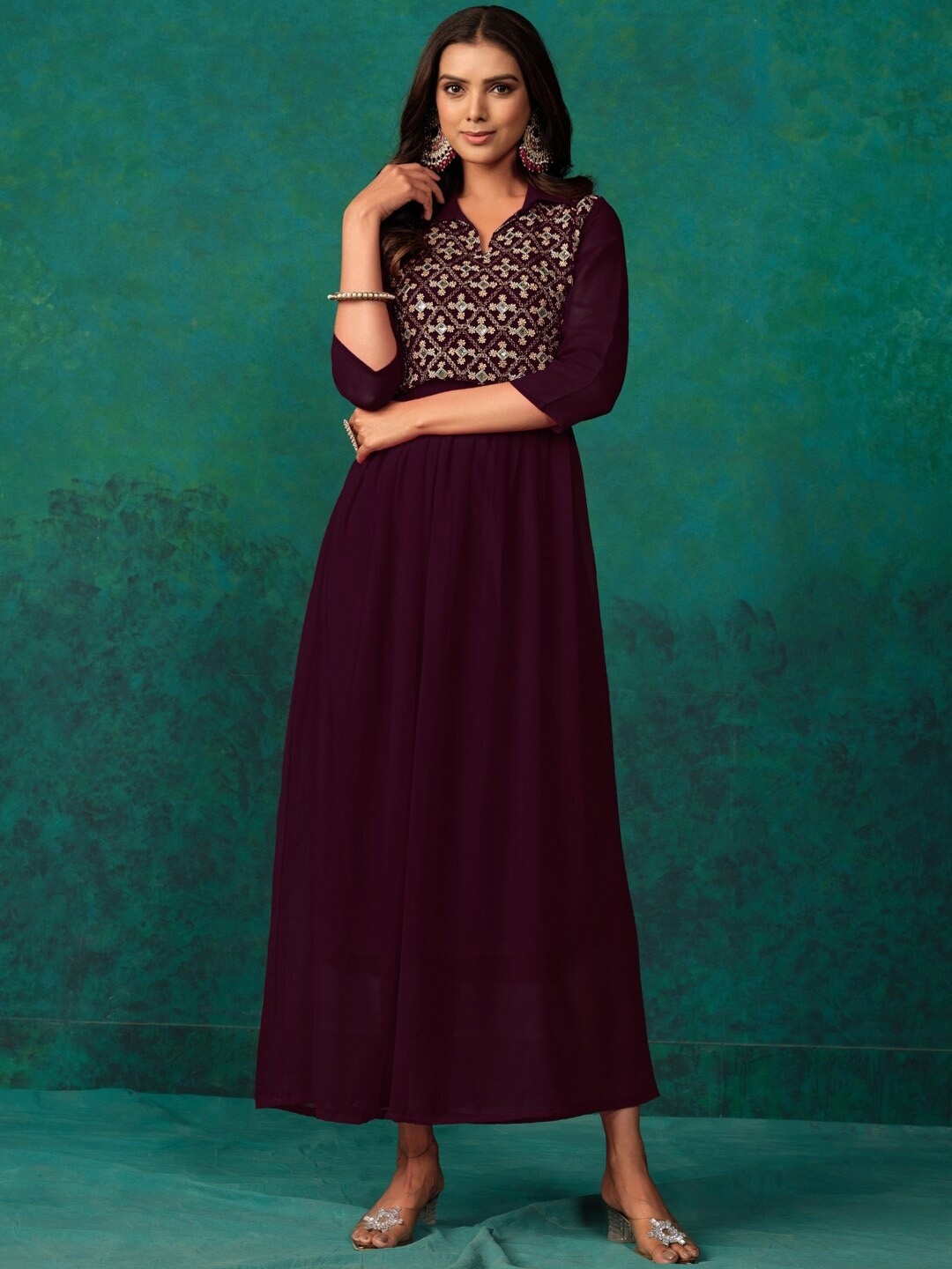 

Sangria Women Mirror Work Embroidered Anarkali Kurta, Purple