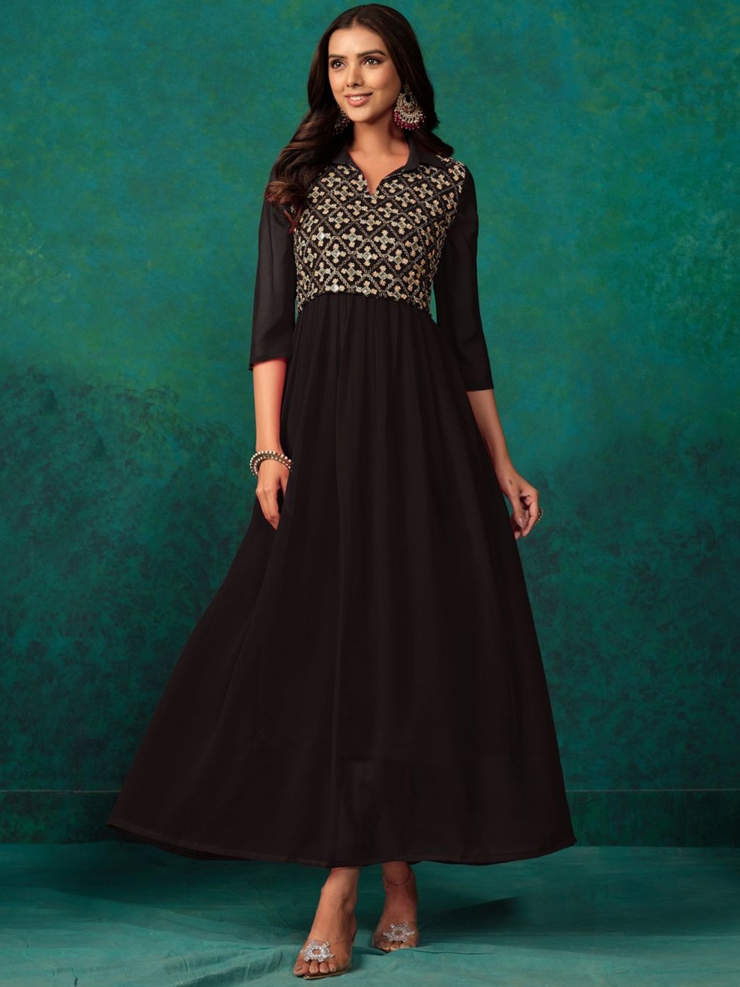 

Sangria Women Mirror Work Embroidered Anarkali Kurta, Black