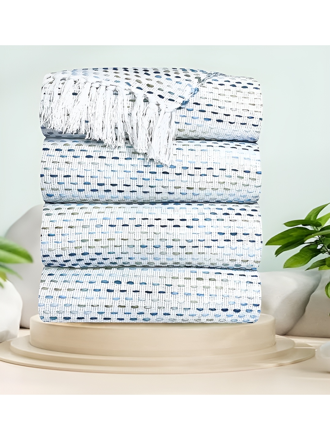 

SAJAVAT White 4 Pieces Self-Design Cotton Throw Blanket