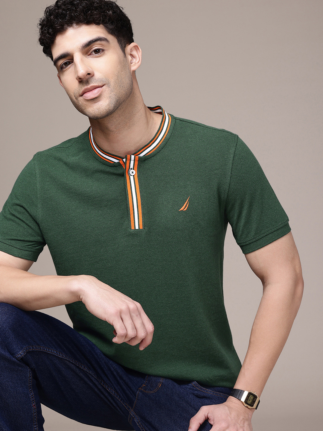 

Nautica Henley Neck Pure Cotton Casual T-shirt, Green