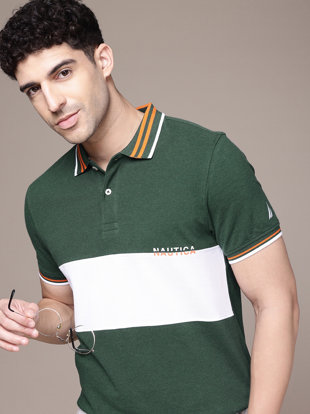 

Nautica Colourblocked Polo Collar Pure Cotton Casual T-shirt, Green