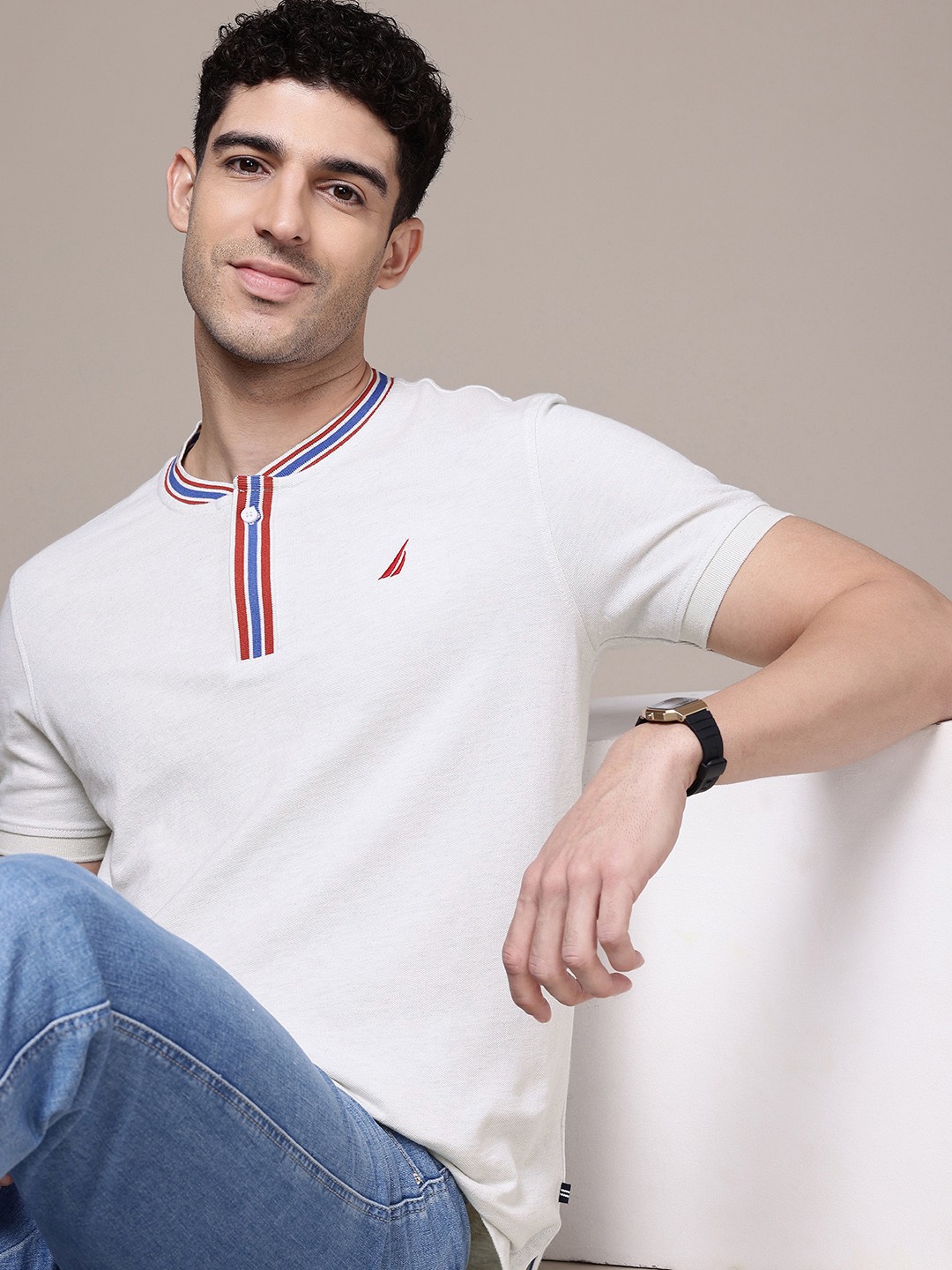 

Nautica Henley Neck Pure Cotton Casual T-shirt, Off white