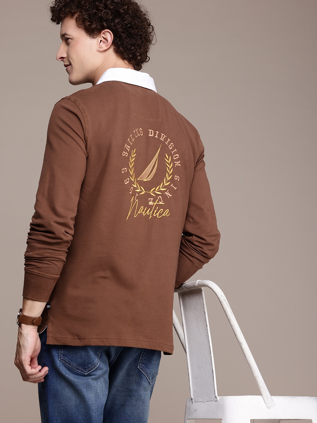 

Nautica Embroidered Typography Polo Collar T-shirt, Brown