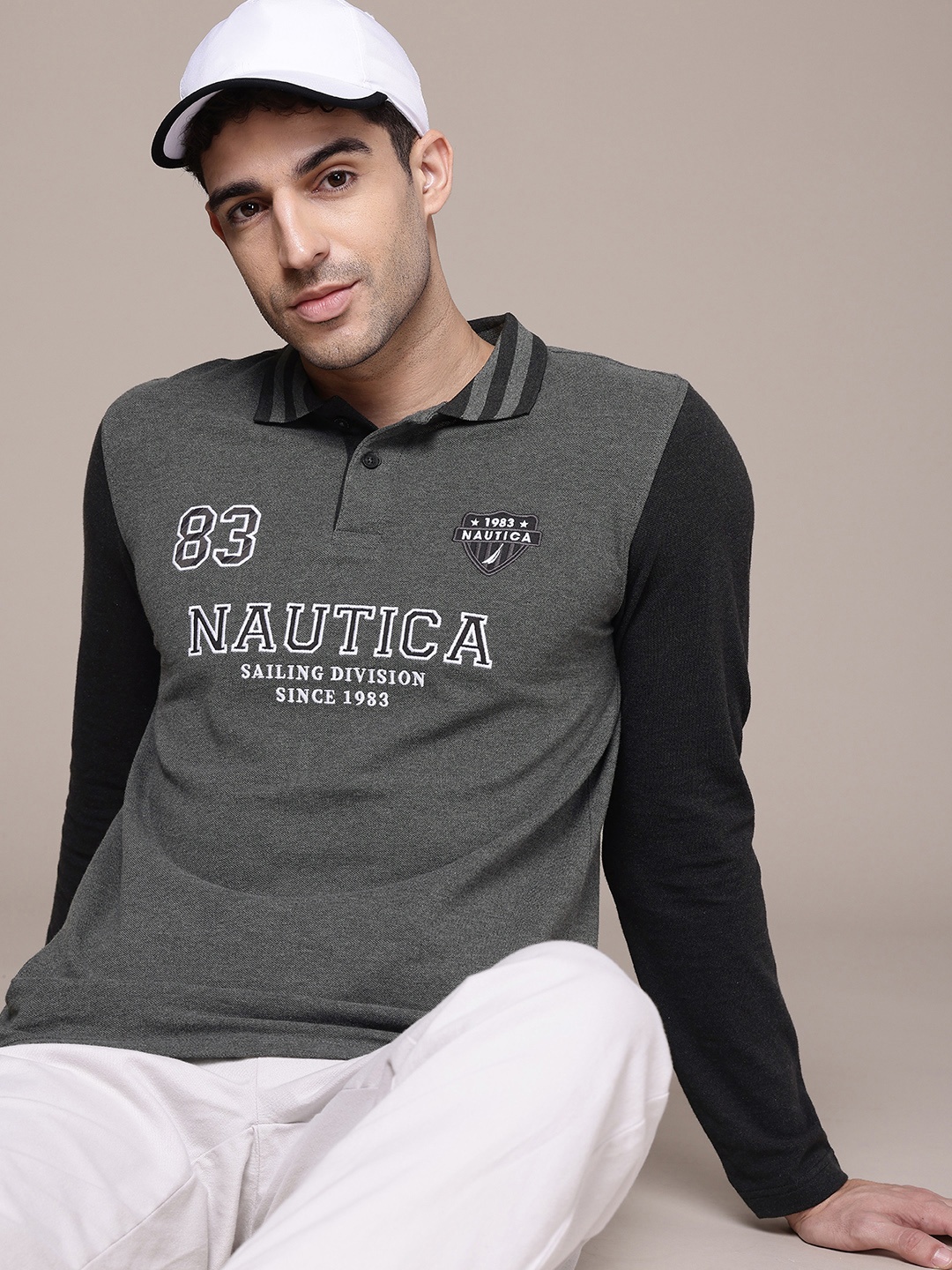 

Nautica Brand Logo Embroidered Polo Collar Pure Cotton Casual T-shirt, Grey