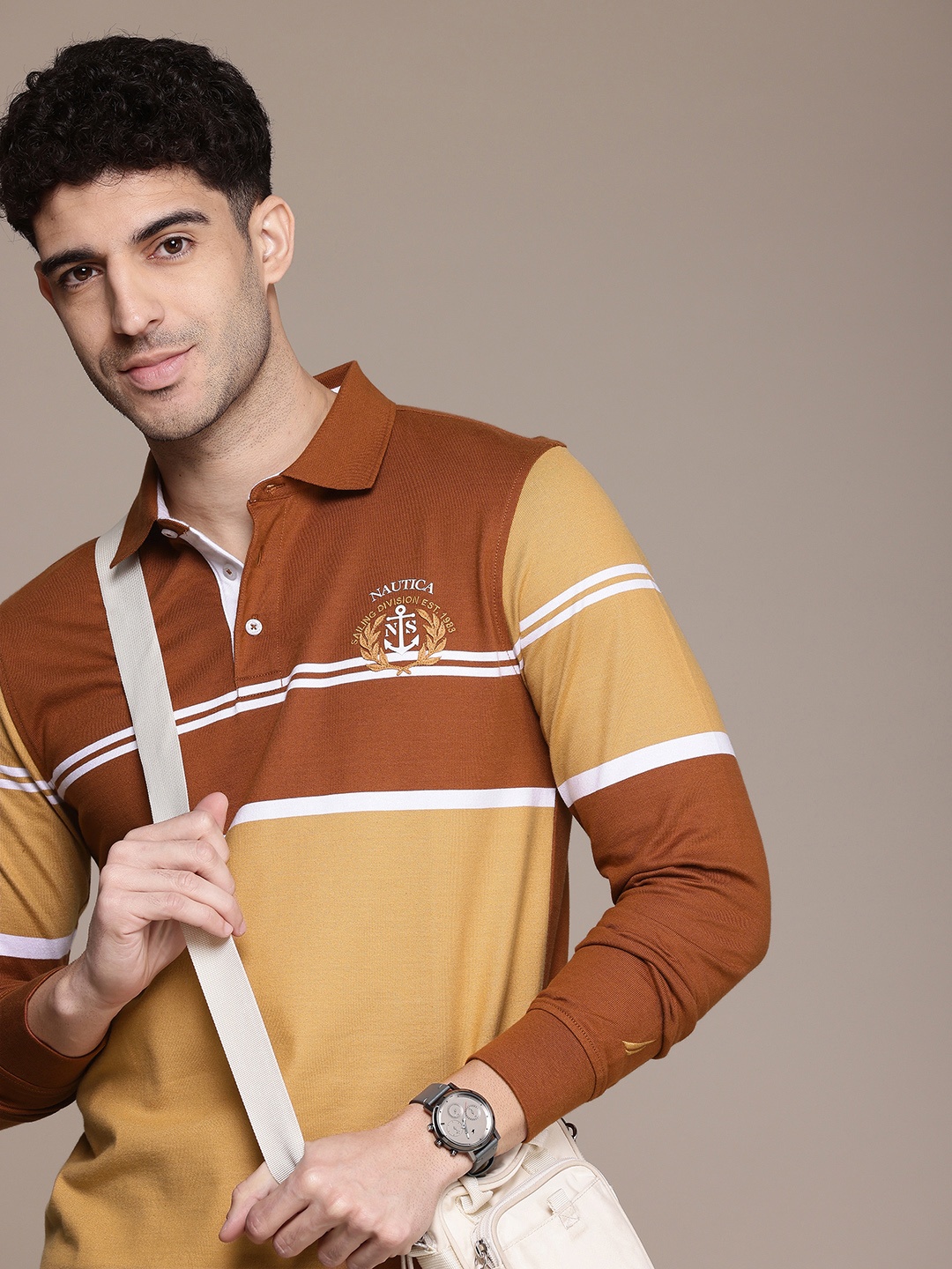 

Nautica Striped Polo Collar Pure Cotton T-shirt, Brown