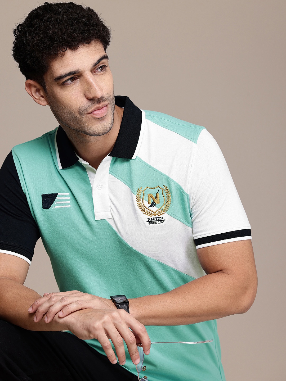 

Nautica Colourblocked Polo Collar with Applique Detailing T-shirt, Turquoise blue