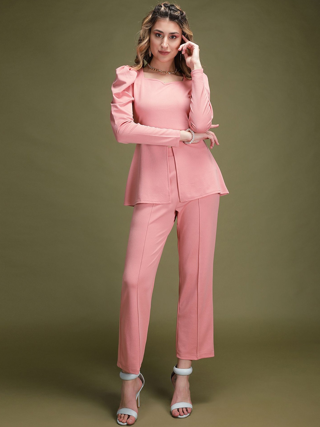 

N N ENTERPRISE Sweetheart-Neck Long Sleeve Top & Trouser, Peach