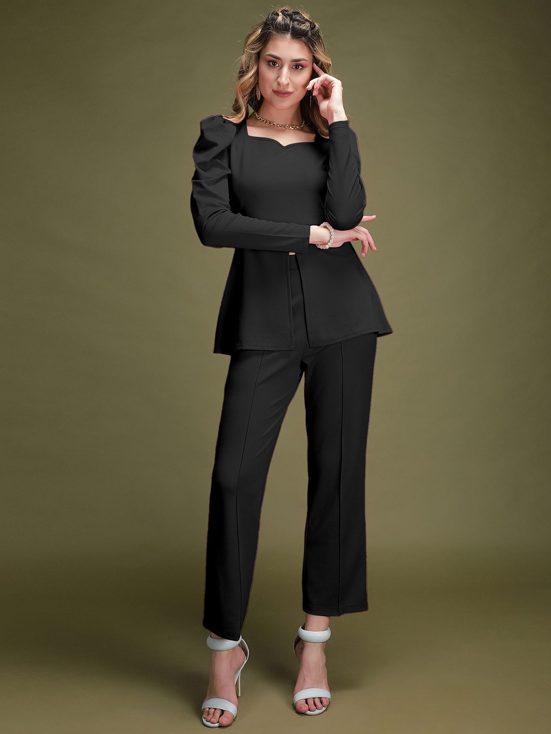 

N N ENTERPRISE Sweetheart Neck Long Sleeves Top With Trouser, Black
