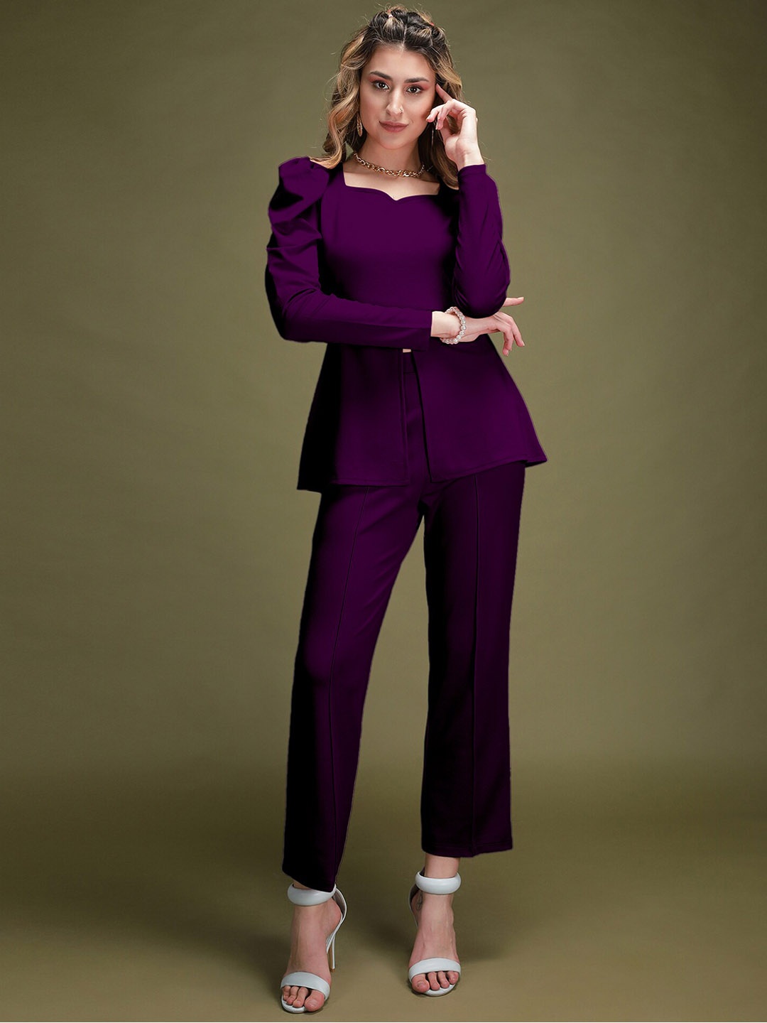 

N N ENTERPRISE Sweetheart-Neck Long Sleeve Top & Trouser, Purple