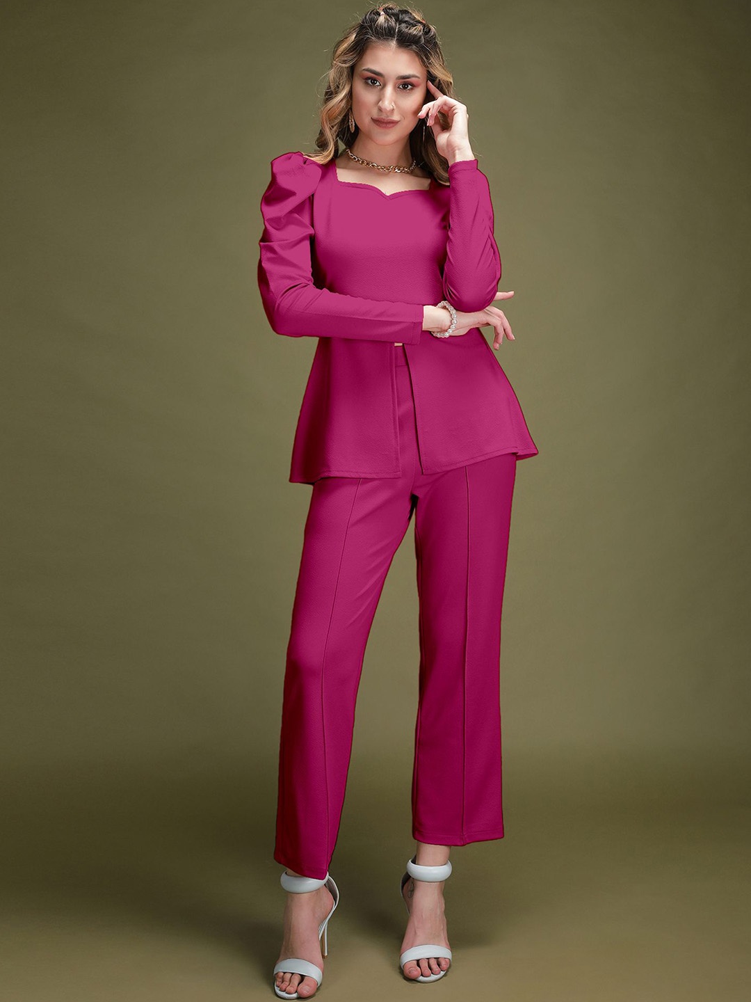 

N N ENTERPRISE Sweetheart-Neck Long Sleeve Top & Trousers, Pink