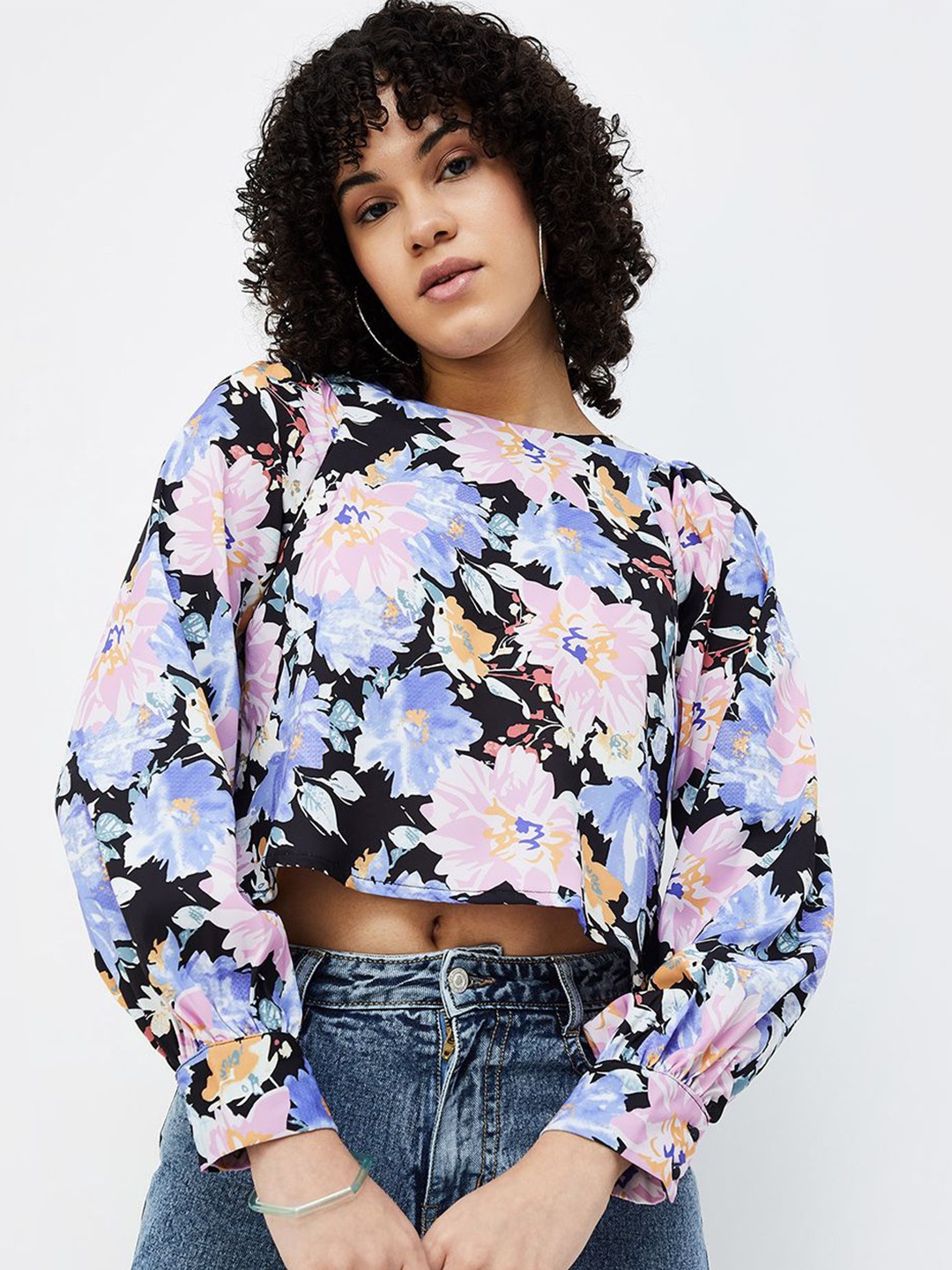 

Ginger by Lifestyle Floral Print Boxy Crop Top, Black