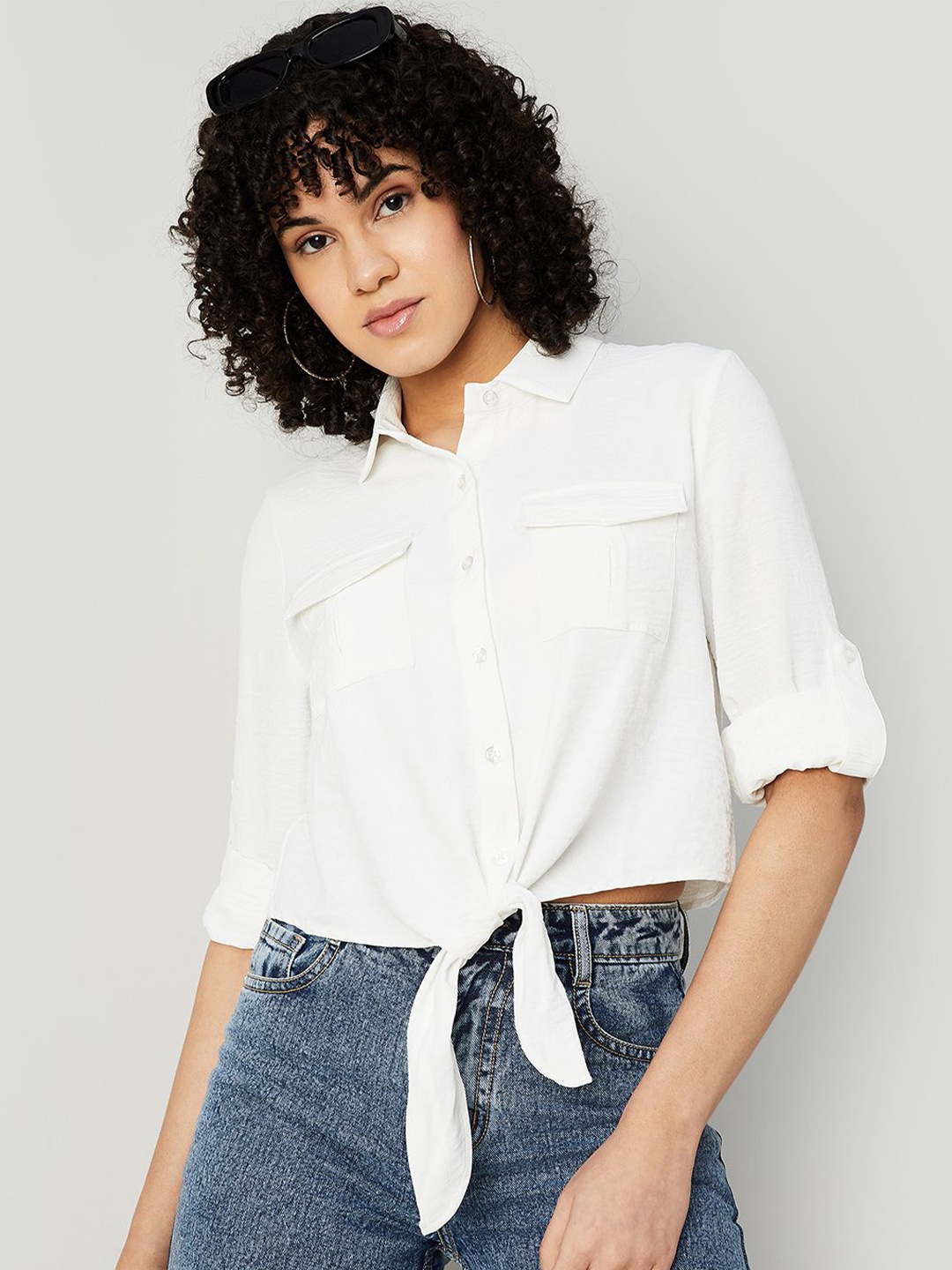 

Ginger by Lifestyle Mandarin Collar Shirt Style Top, Off white