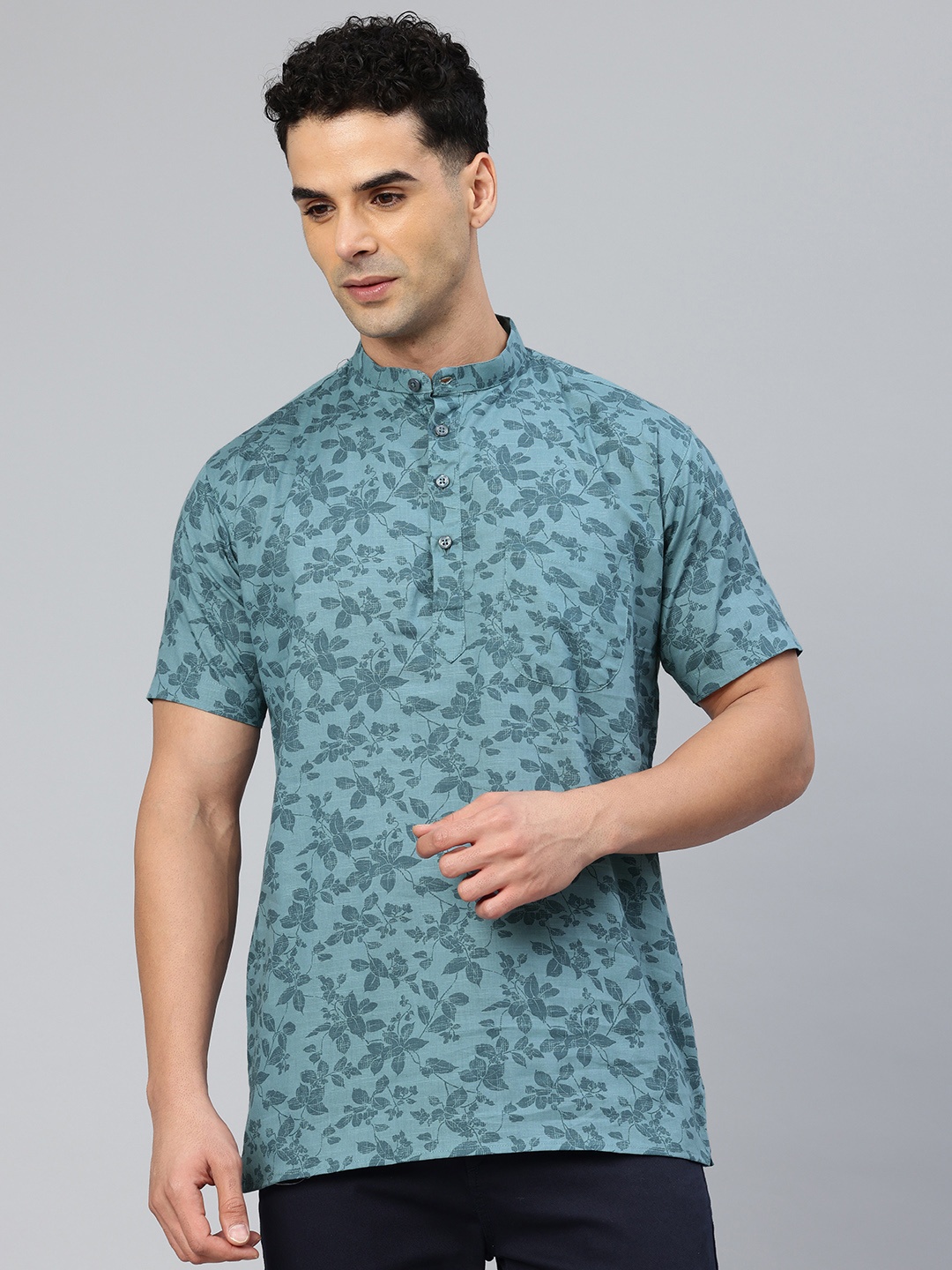 

Majestic Man Men Floral Printed Pure Cotton Kurta, Teal
