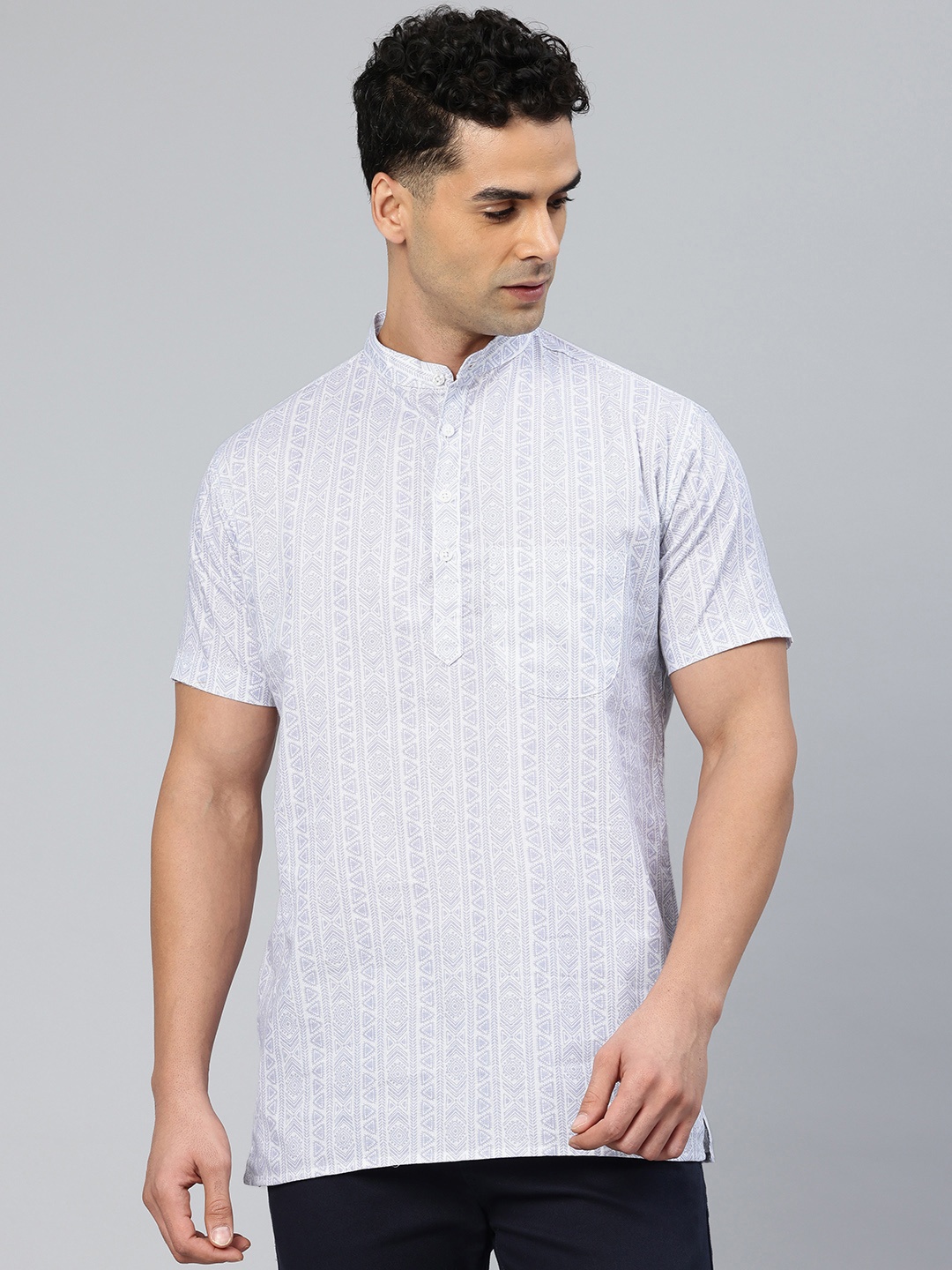 

Majestic Man Men Geometric Printed Pure Cotton Kurta, White