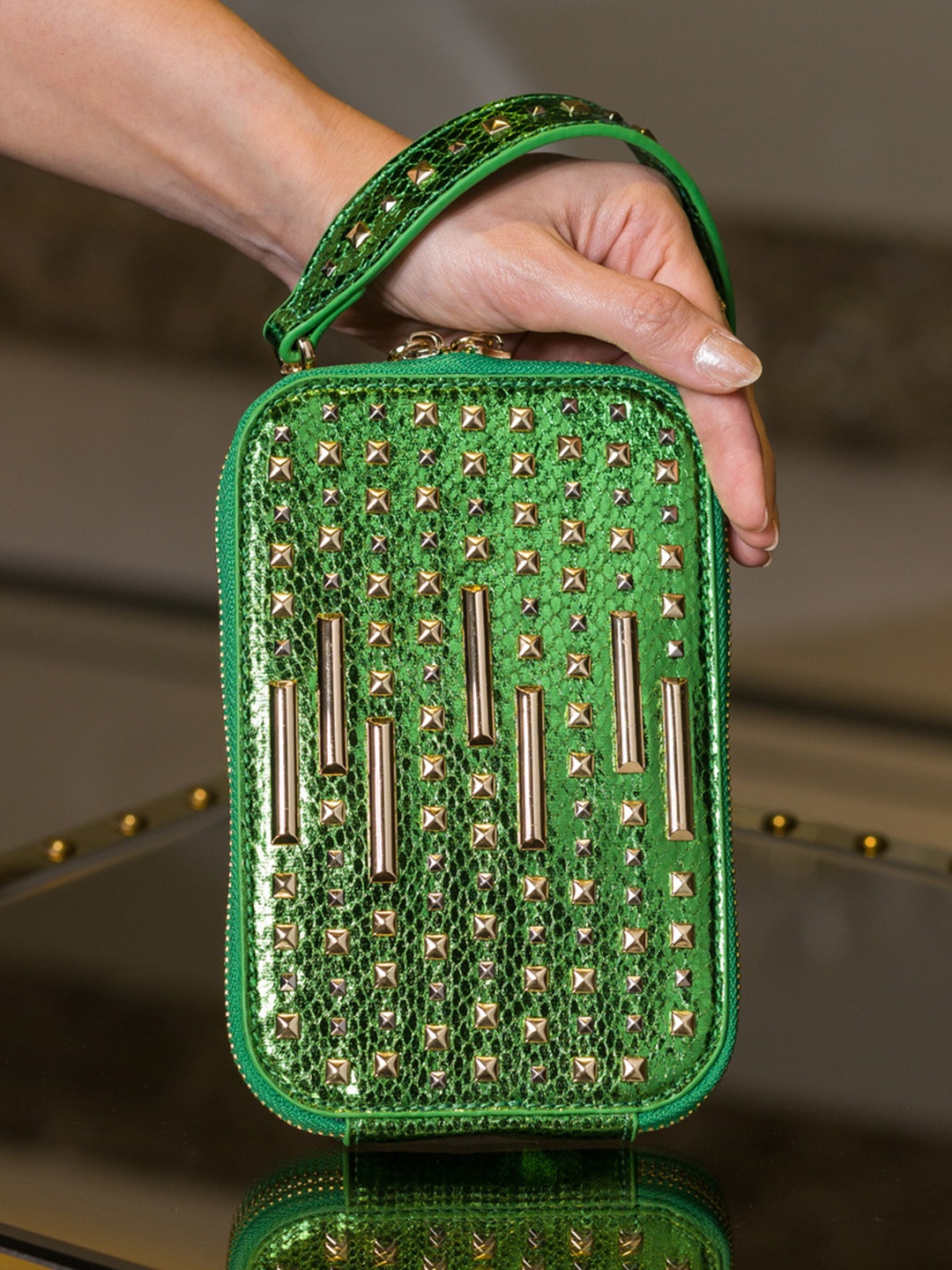 

HOUSE OF BIO BY RITTI KHANNA Embellished Leather Structured Sling Bag, Green