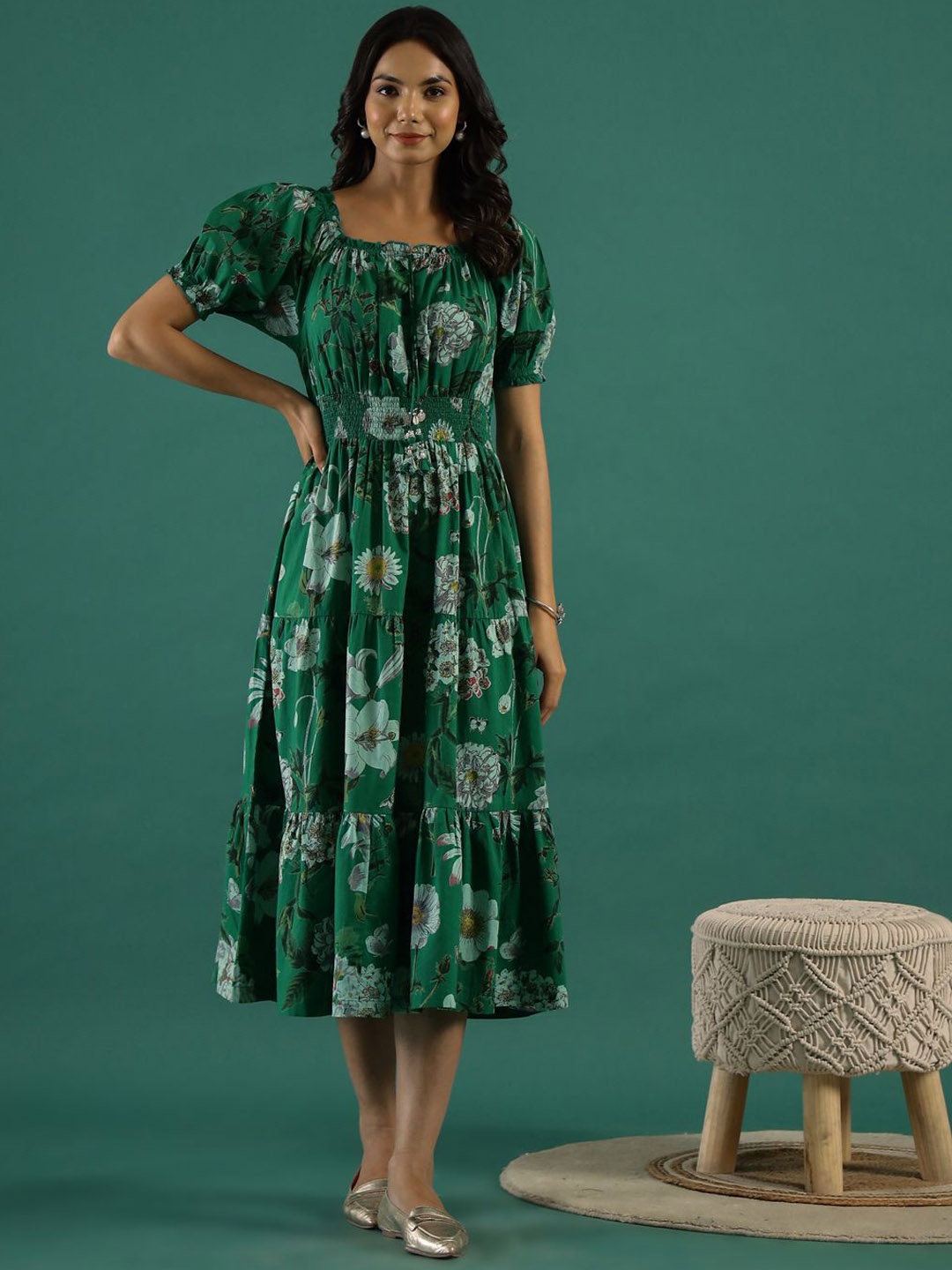 

Sangria Fit & Flare Cotton Ethnic Dress, Green