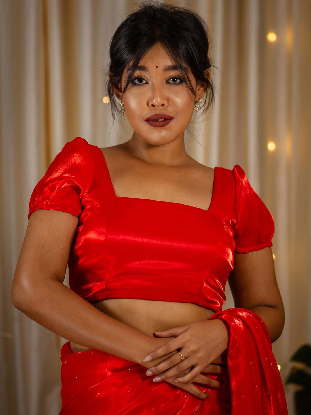 

I LOVE SAREES Square Neck Puff Sleeves Organza Saree Blouse, Red