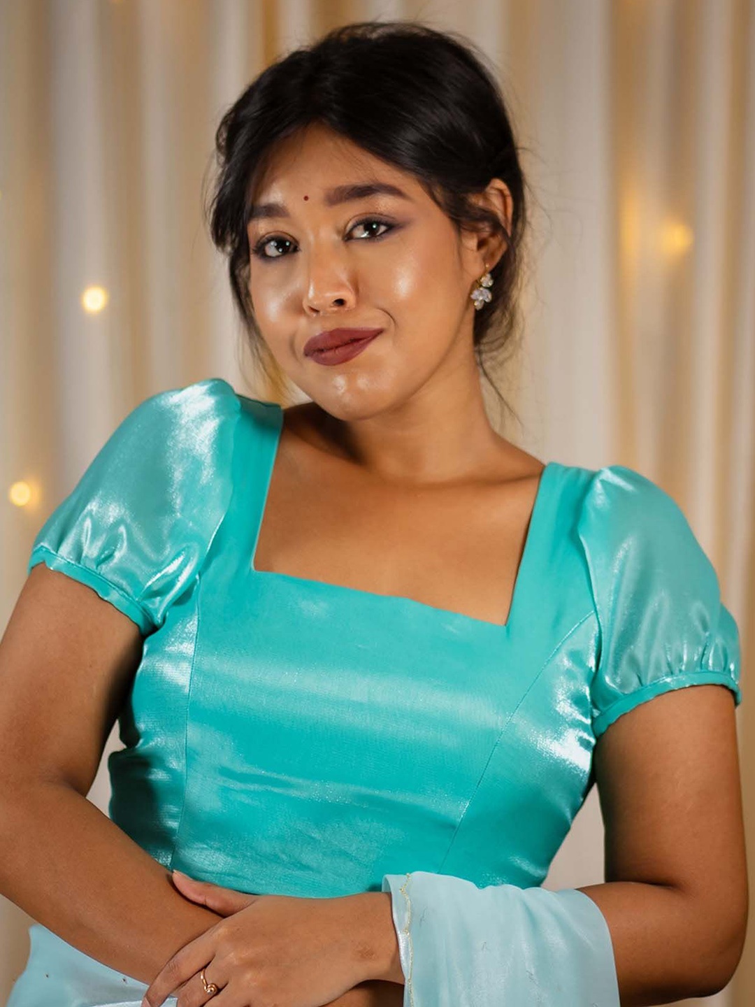 

I LOVE SAREES Square Neck Puff Sleeve Organza Saree Blouse, Turquoise blue