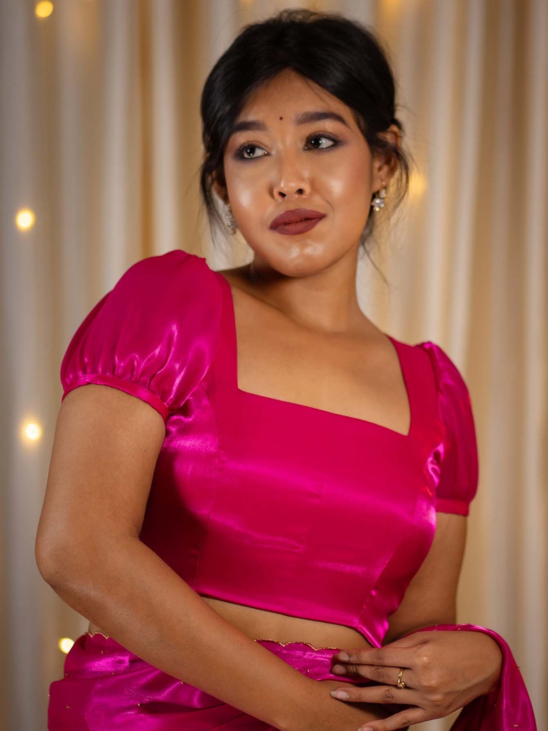 

I LOVE SAREES Puff Sleeve With Square Neckline Organza Saree Blouse, Pink