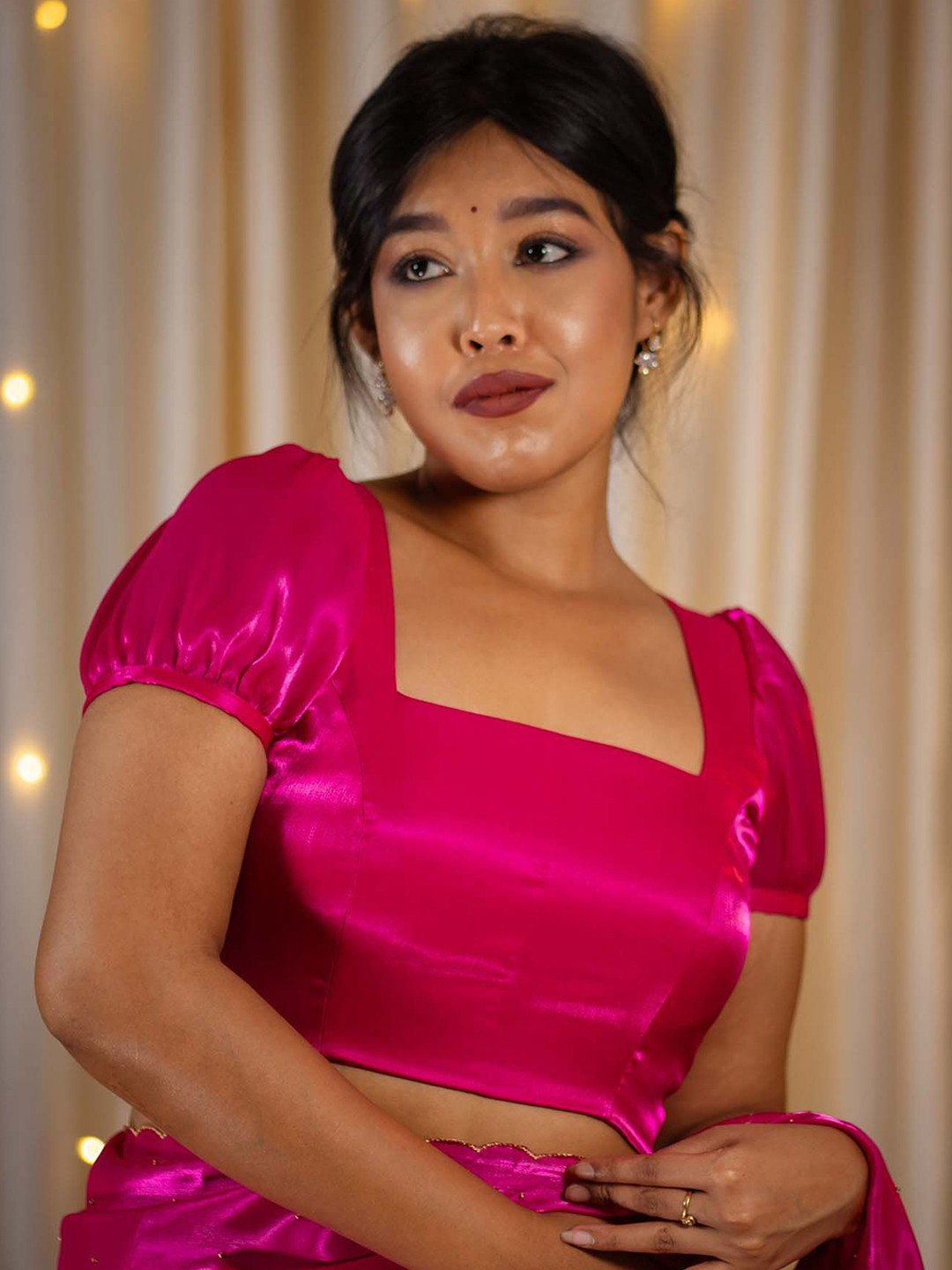 

I LOVE SAREES Square Neck Puff Sleeve Organza Saree Blouse, Pink