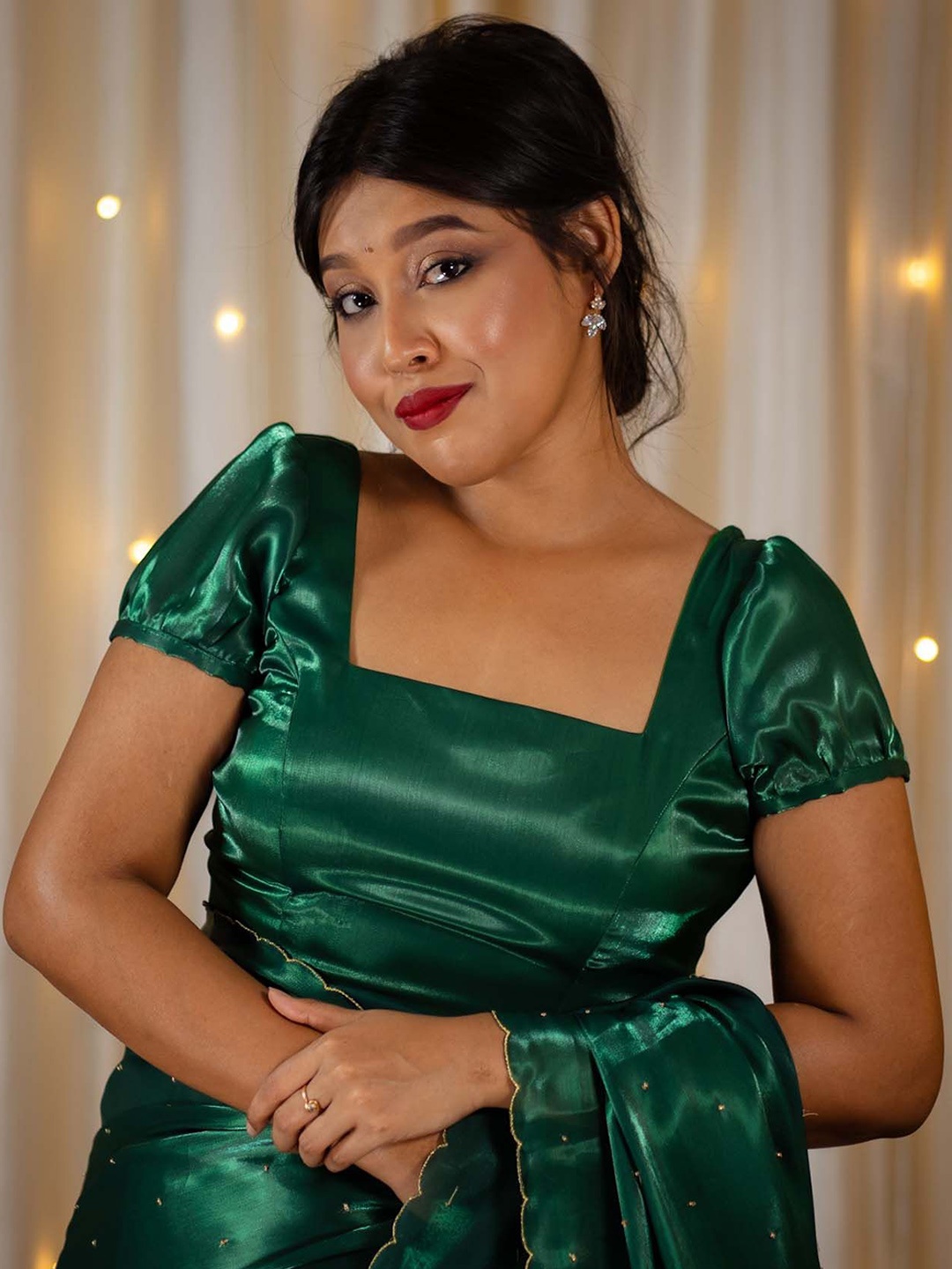 

I LOVE SAREES Square Neck Puff Sleeves Organza Saree Blouse, Green