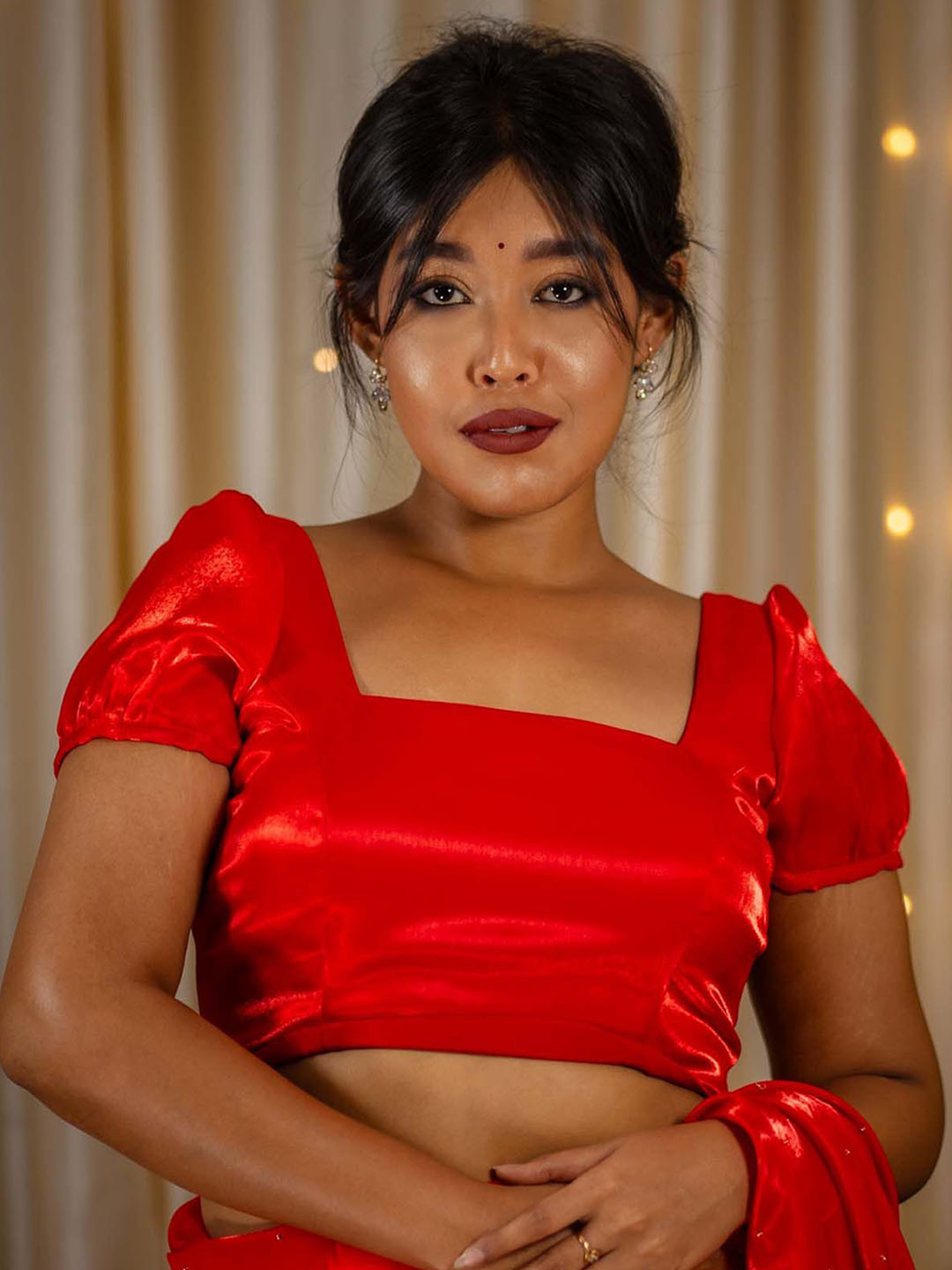 

I LOVE SAREES Square Neck Puff Sleeves Organza Saree Blouse, Red