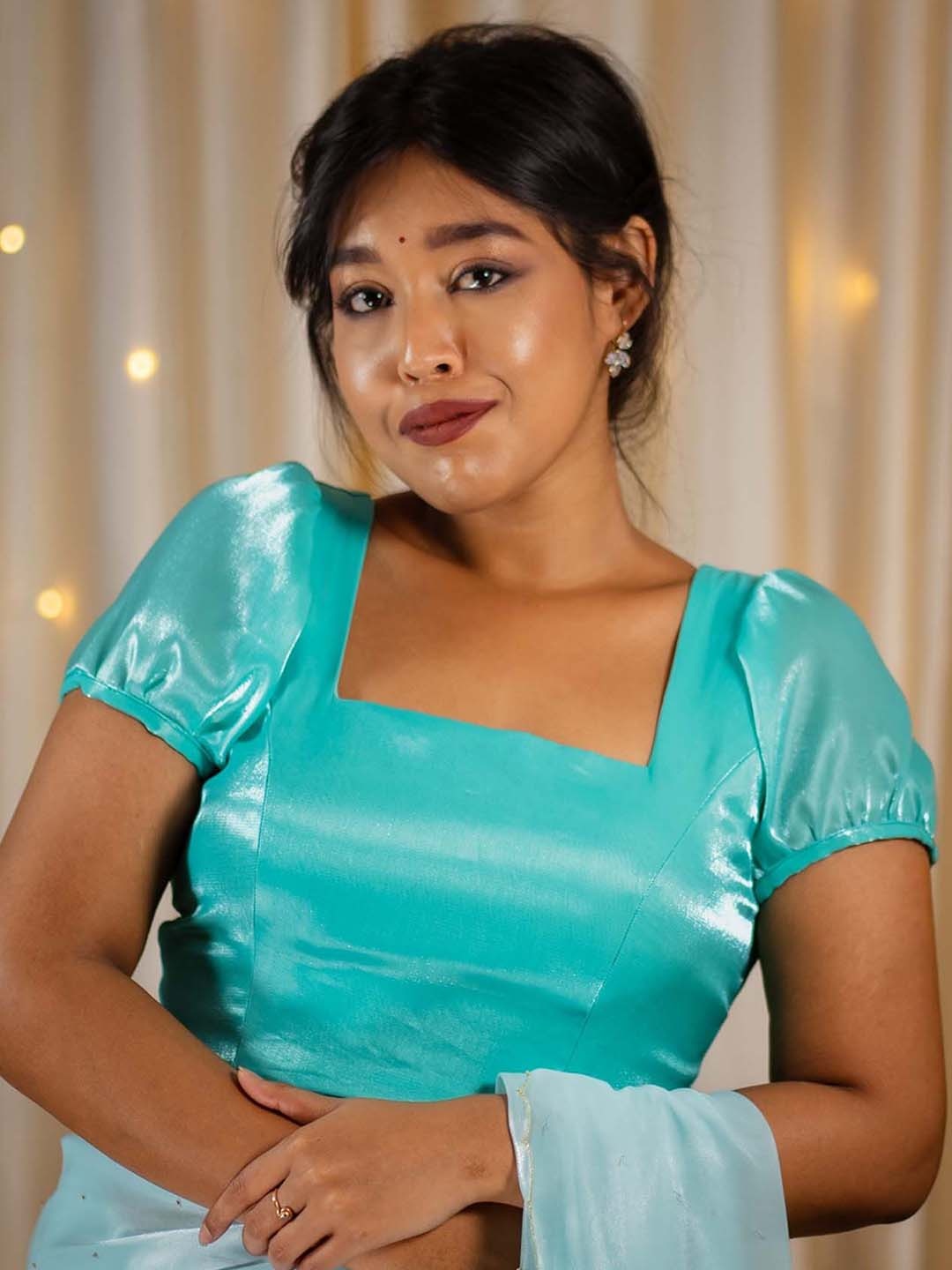 

I LOVE SAREES Square Neck Puff Sleeves Organza Saree Blouse, Teal