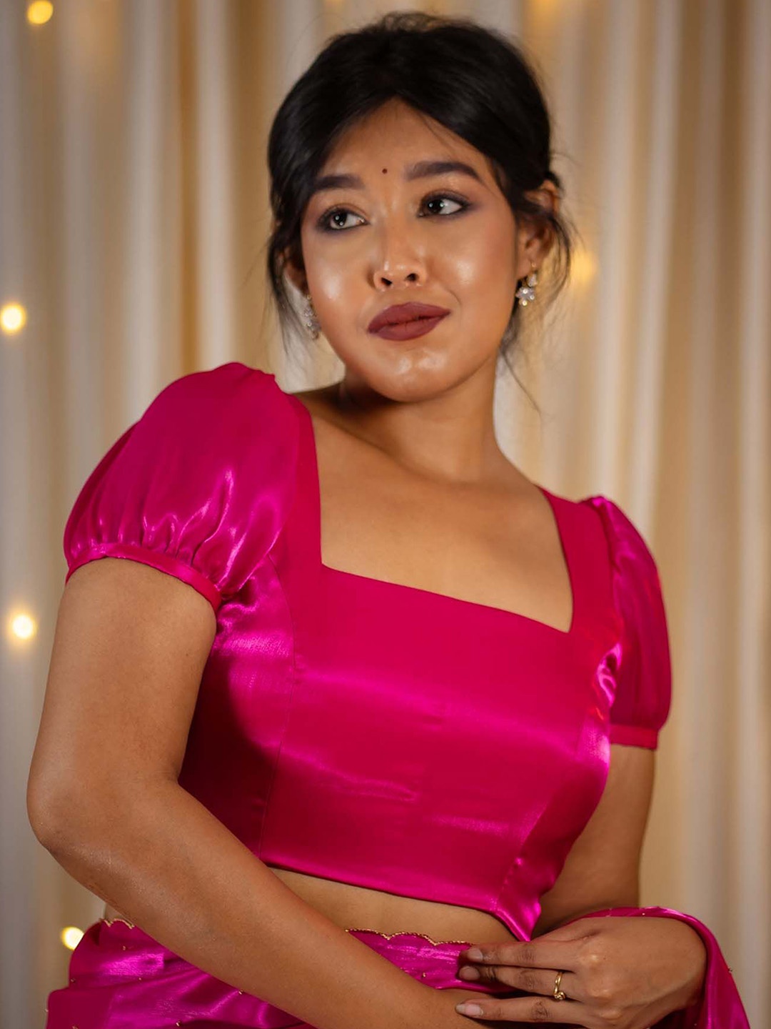 

I LOVE SAREES Square Neck Puff Sleeve Organza Saree Blouse, Pink