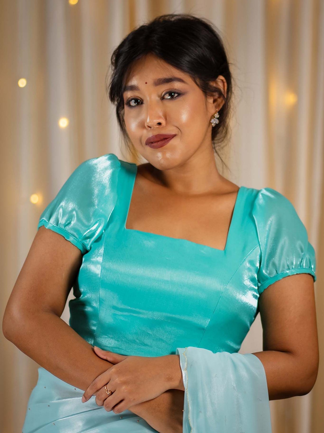 

I LOVE SAREES Square Neck Puff Sleeve Organza Saree Blouse, Teal