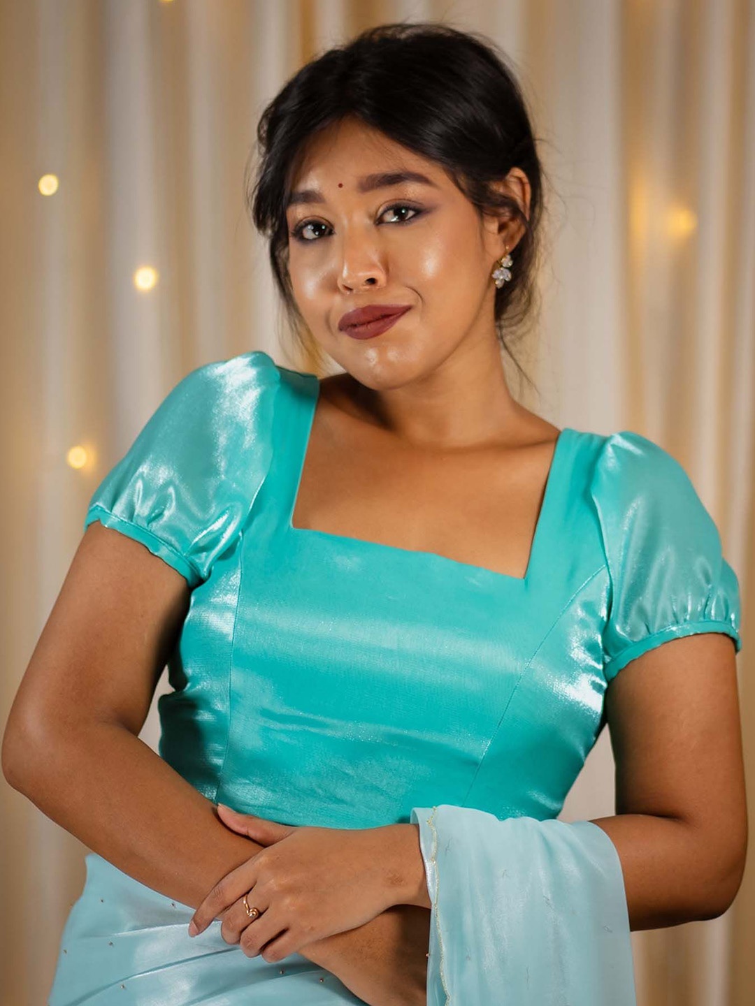 

I LOVE SAREES Square Neck Puff Sleeve Organza Saree Blouse, Teal