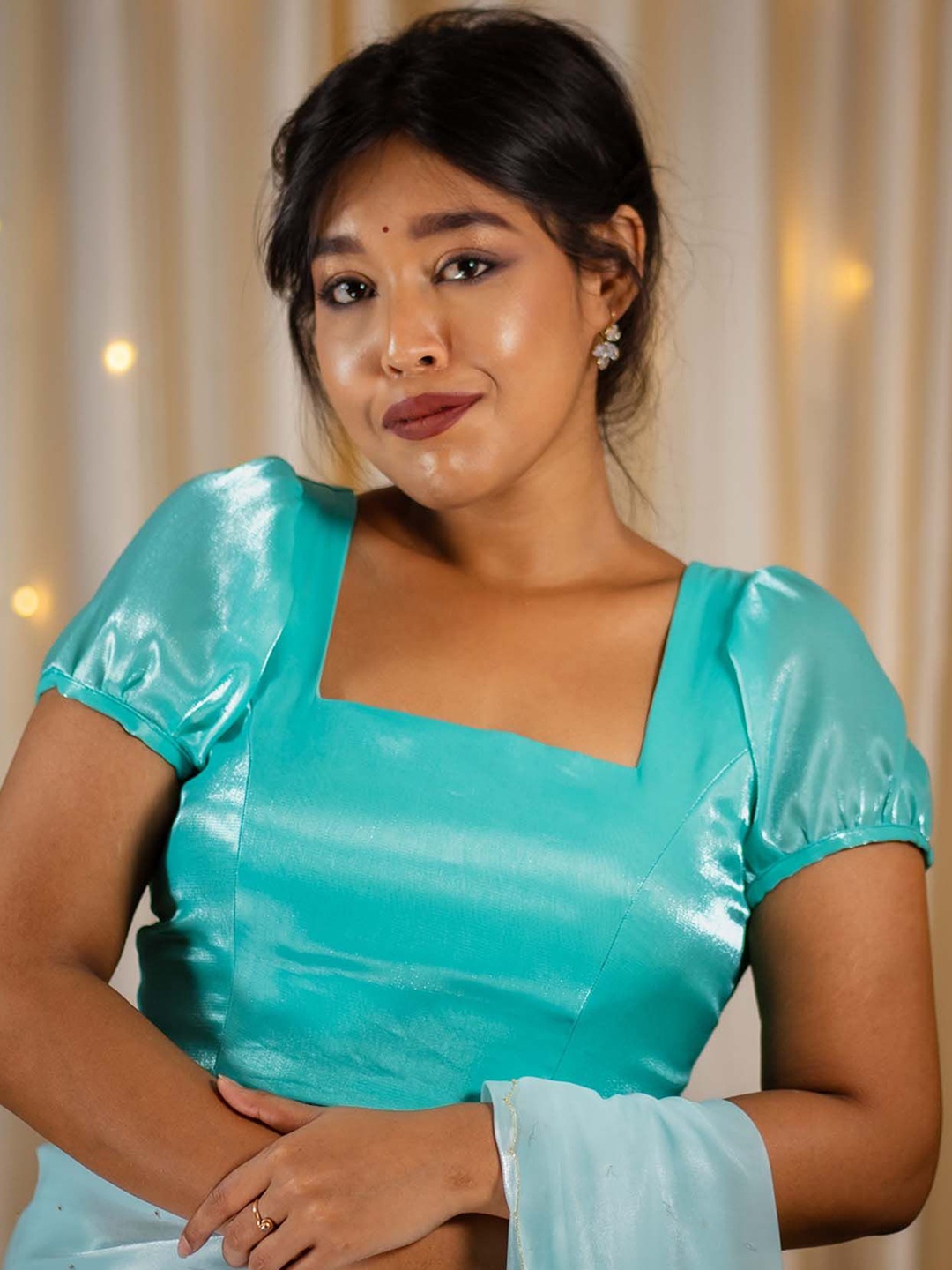 

I LOVE SAREES Square Neck Puff Sleeves Organza Saree Blouse, Teal