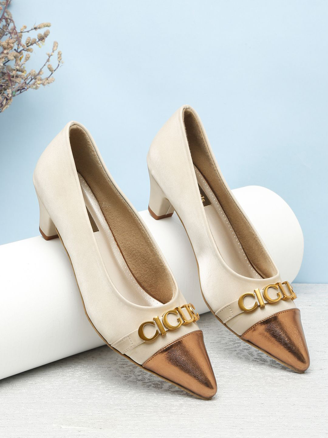 

Flat n Heels Pointed Toe Embellished Block Pumps, Beige