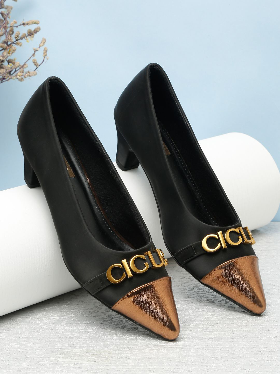 

Flat n Heels Embellished Pointed Toe Block Pumps, Black