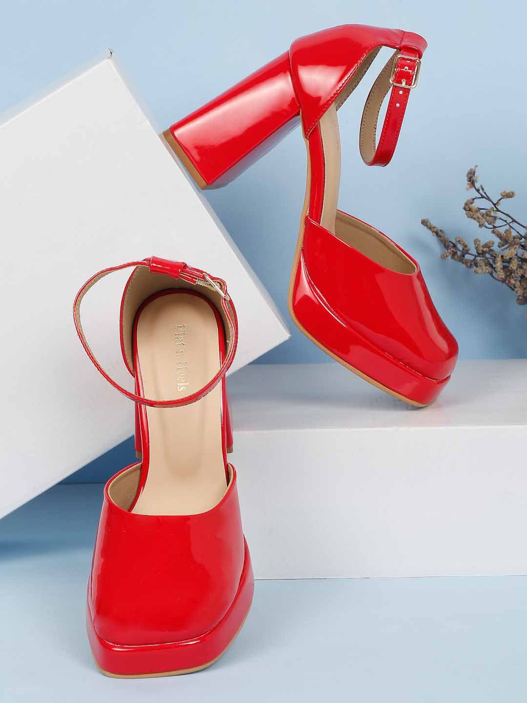 

Flat n Heels Square Toe Buckle Embellished Block Heels, Red